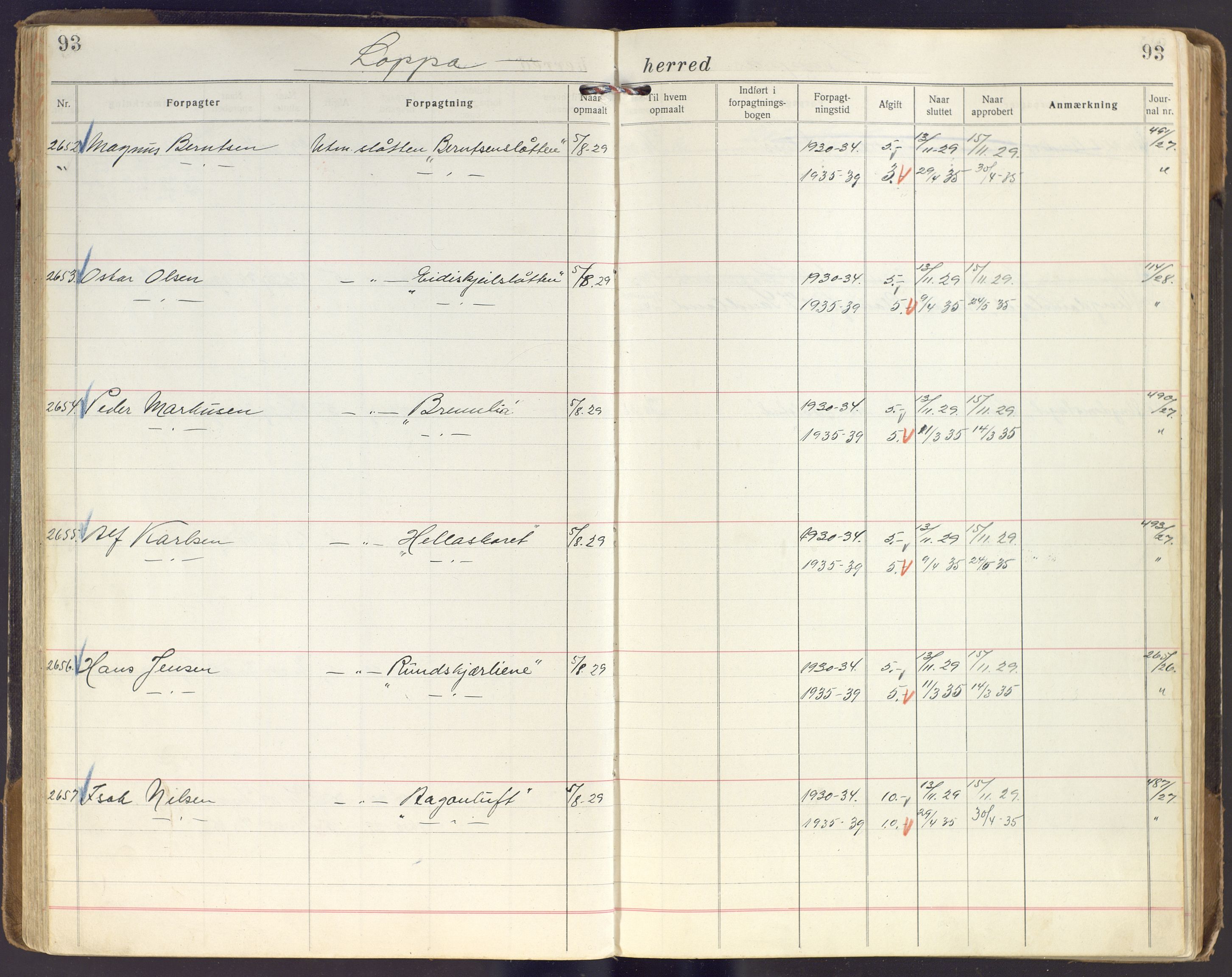 Finnmark jordsalgskommisjon/jordsalgskontor og Statskog SF Finnmark jordsalgskontor, AV/SATØ-S-1443/J/Ja/L0005: Forpaktningsbok for Finnmark I, 1913-1937, p. 93