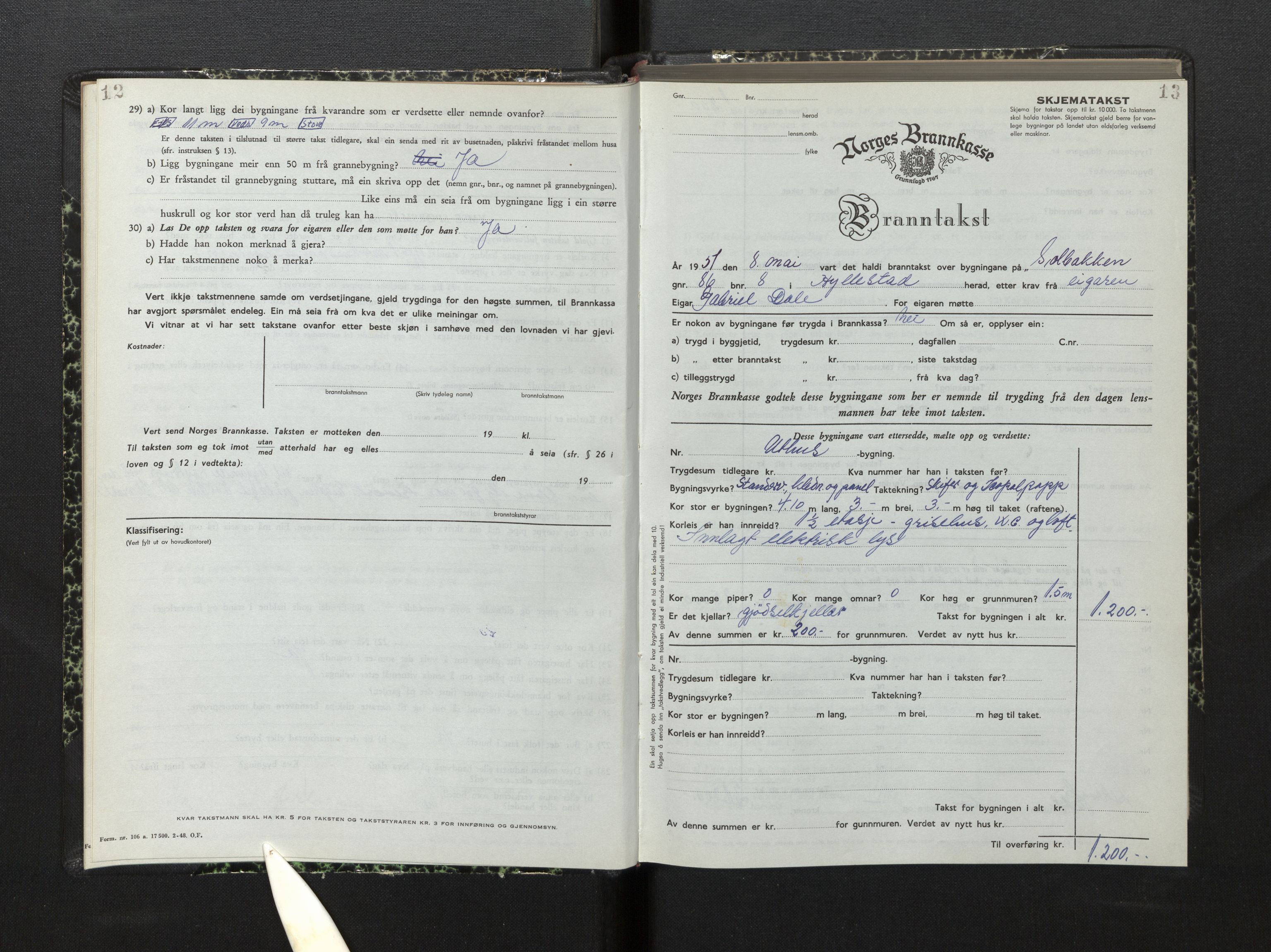Lensmannen i Hyllestad, AV/SAB-A-28301/0012/L0005: Branntakstprotokoll, skjematakst, 1951-1955, p. 12-13