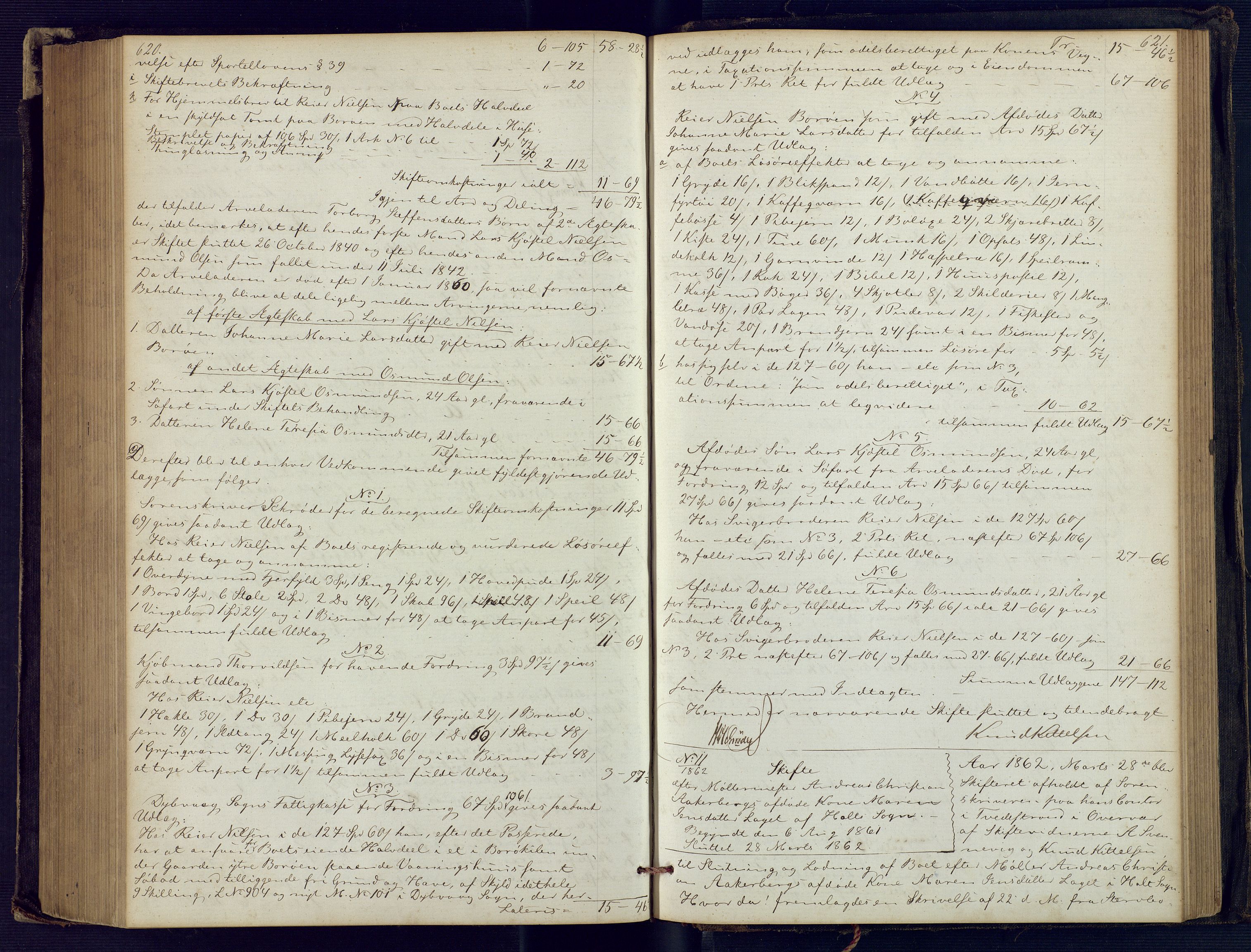 Holt sorenskriveri, SAK/1221-0002/H/Hc/L0029: Skifteutlodningsprotokoll nr. 4 med løst register, 1857-1862, p. 620-621