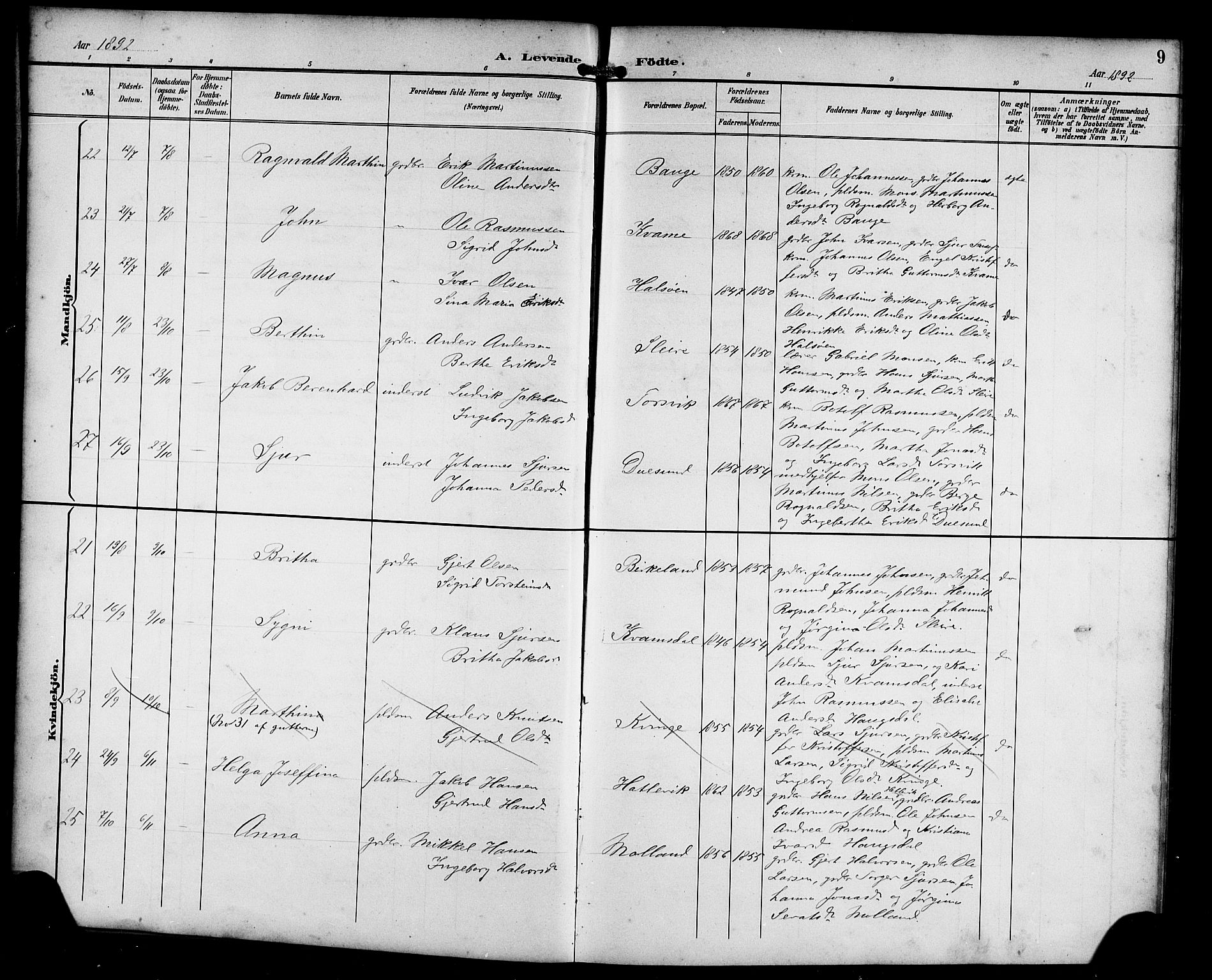 Masfjorden Sokneprestembete, AV/SAB-A-77001: Parish register (copy) no. B 1, 1892-1913, p. 9