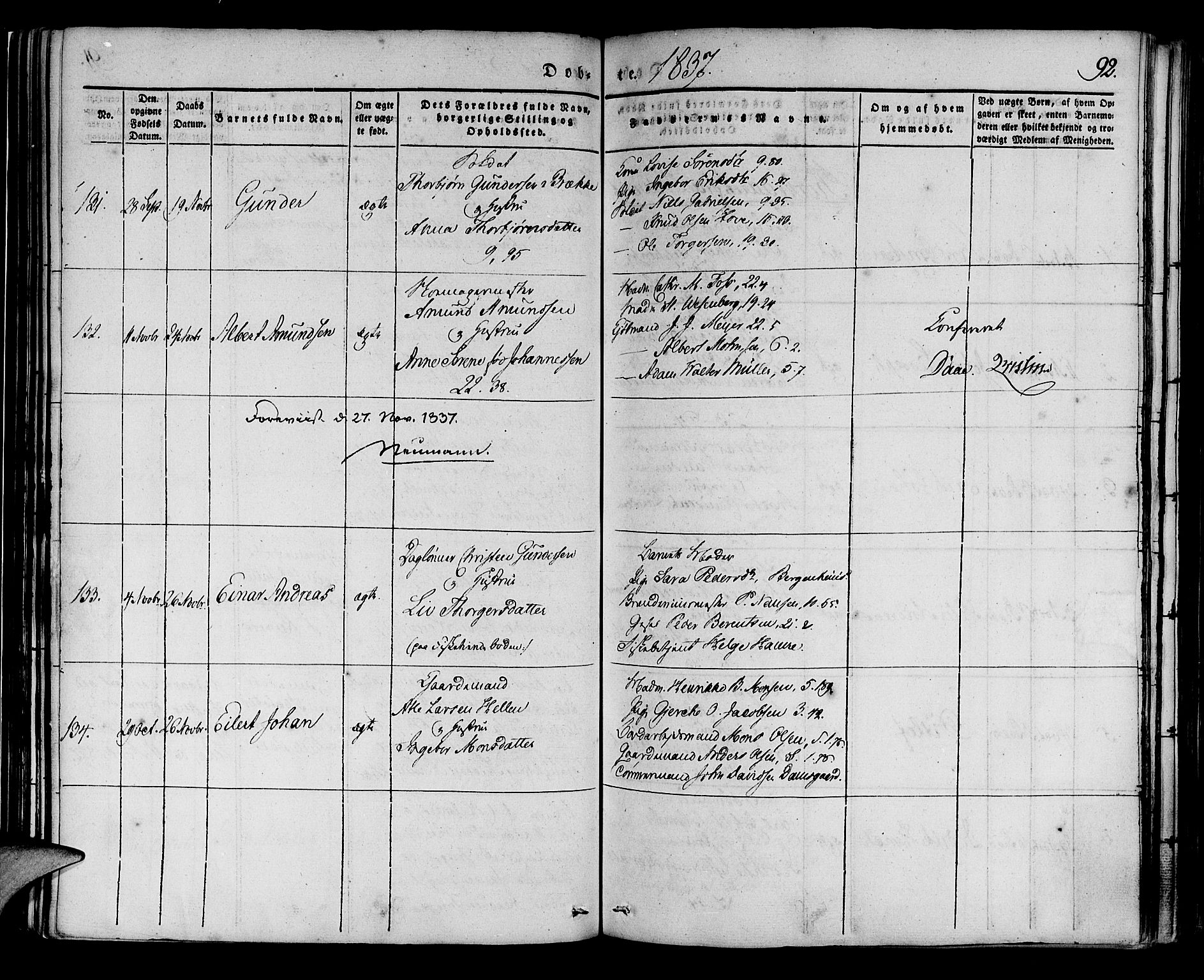 Korskirken sokneprestembete, SAB/A-76101/H/Haa/L0015: Parish register (official) no. B 1, 1833-1841, p. 92