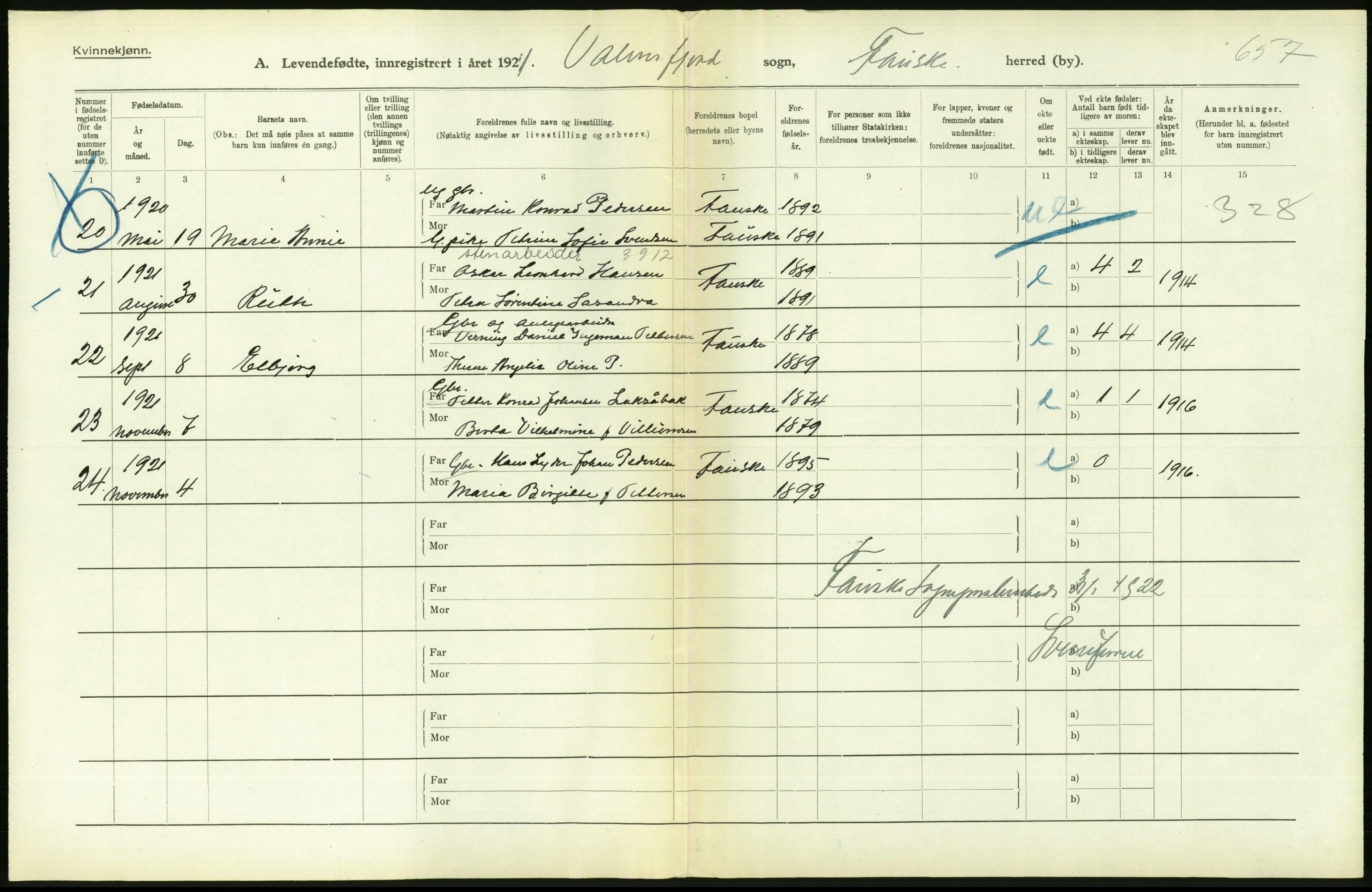 Statistisk sentralbyrå, Sosiodemografiske emner, Befolkning, AV/RA-S-2228/D/Df/Dfc/Dfca/L0049: Nordland fylke: Levendefødte menn og kvinner. Bygder., 1921, p. 190