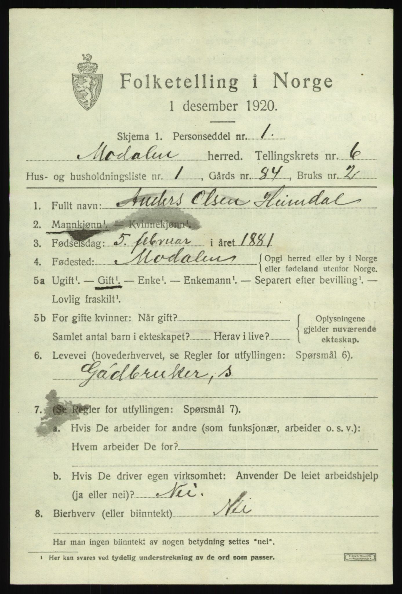 SAB, 1920 census for Modalen, 1920, p. 1124