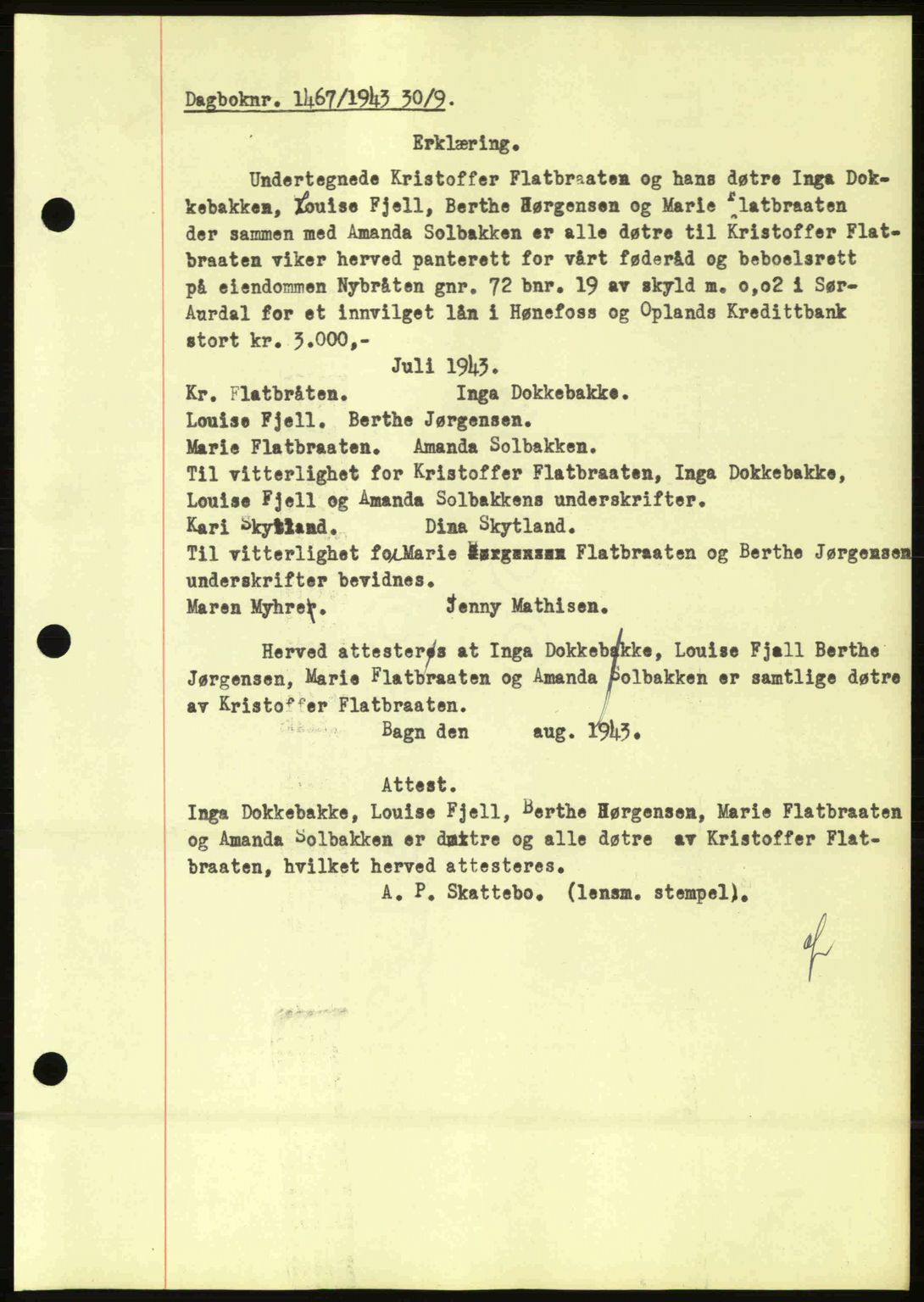 Valdres sorenskriveri, AV/SAH-TING-016/H/Hb/Hbc/L0014: Mortgage book no. B14, 1943-1944, Diary no: : 1467/1943