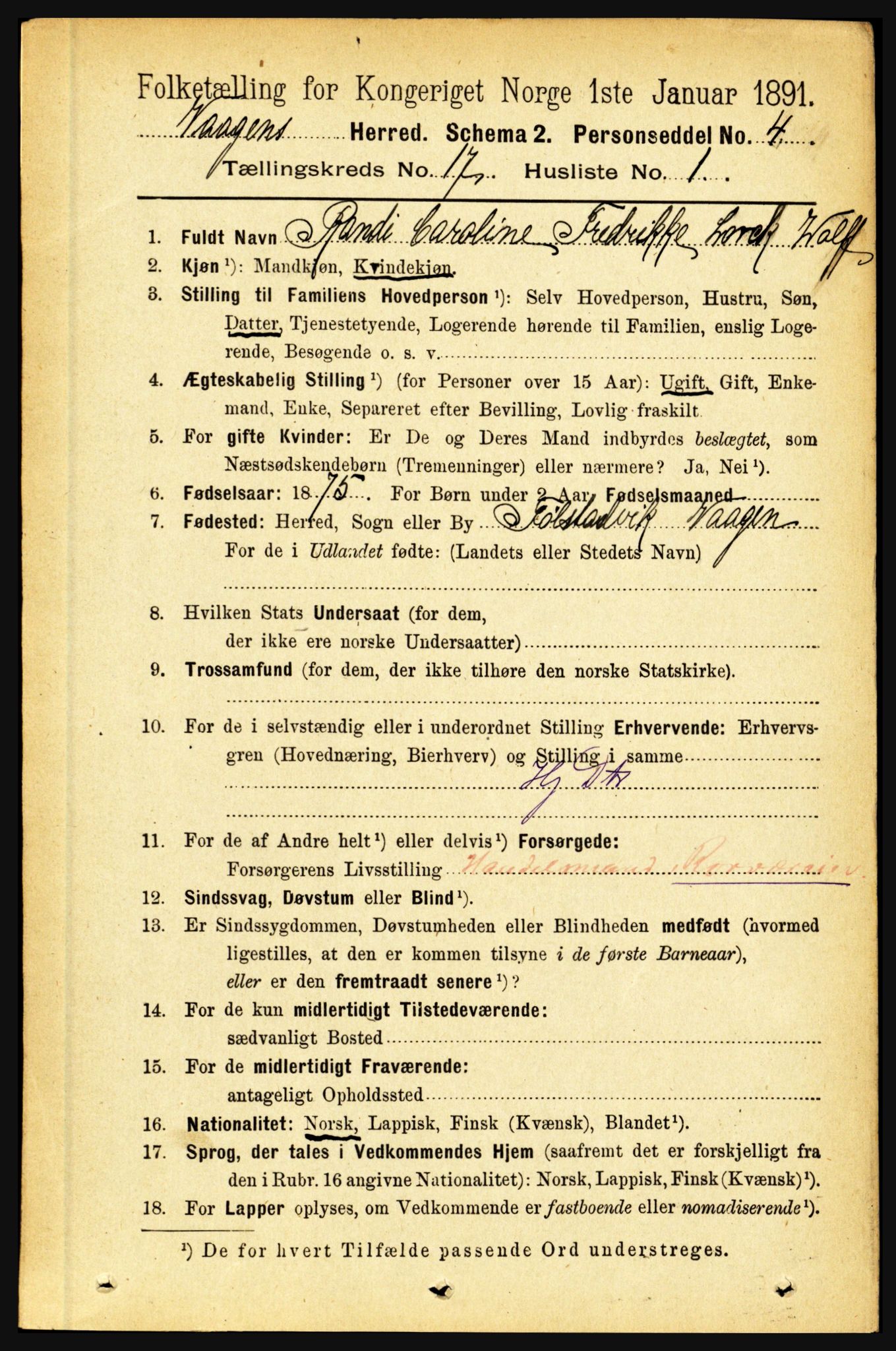 RA, 1891 census for 1865 Vågan, 1891, p. 4921