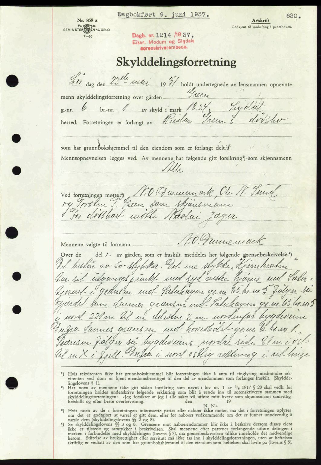 Eiker, Modum og Sigdal sorenskriveri, SAKO/A-123/G/Ga/Gab/L0035: Mortgage book no. A5, 1937-1937, Diary no: : 1214/1937