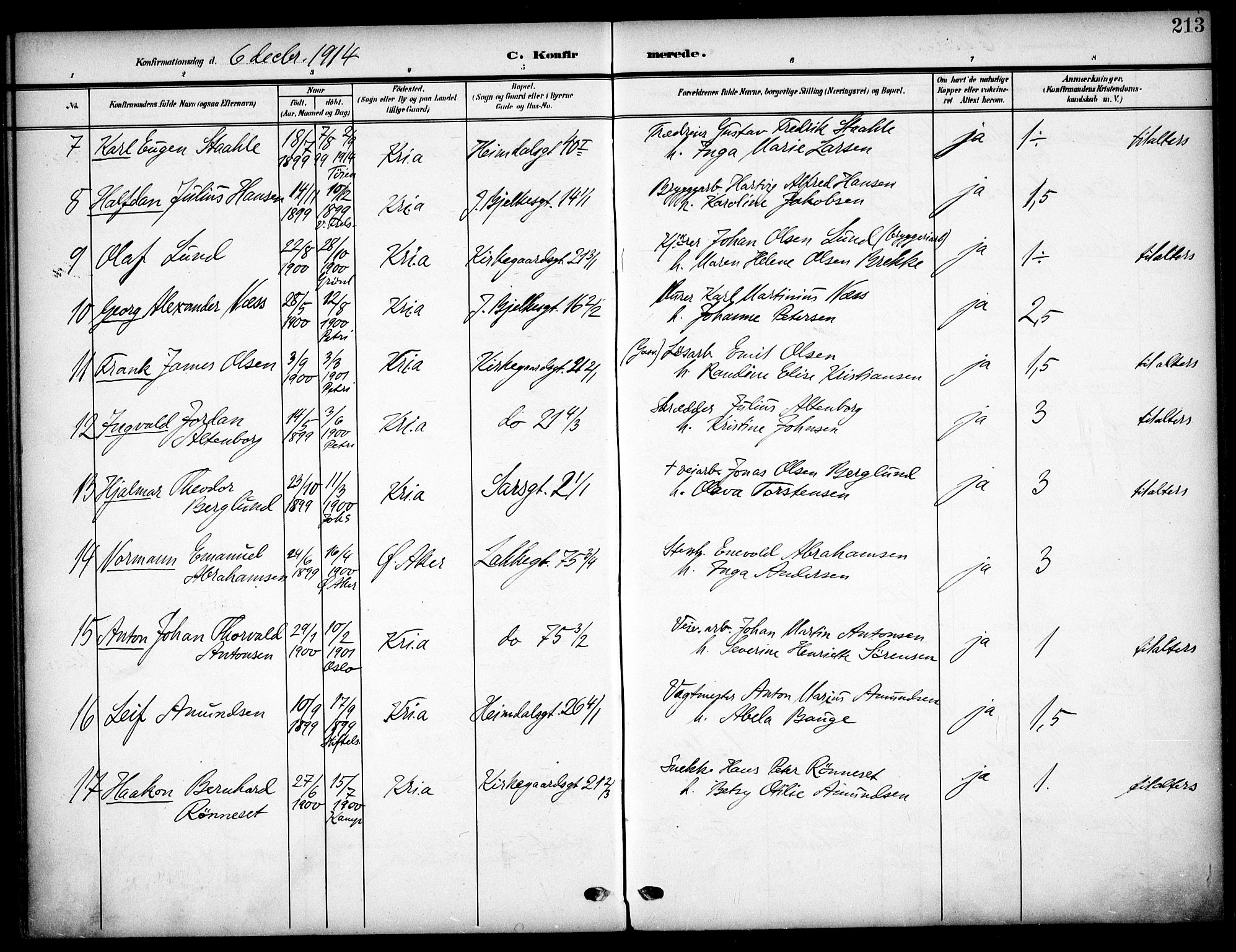 Tøyen prestekontor Kirkebøker, AV/SAO-A-10167a/F/Fa/L0001: Parish register (official) no. I 1, 1907-1916, p. 213