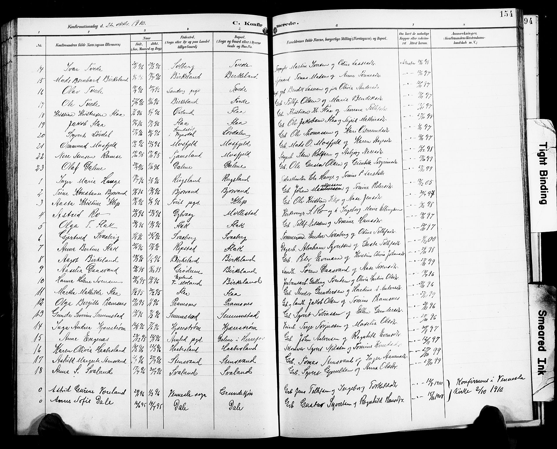 Birkenes sokneprestkontor, SAK/1111-0004/F/Fb/L0004: Parish register (copy) no. B 4, 1893-1930, p. 154