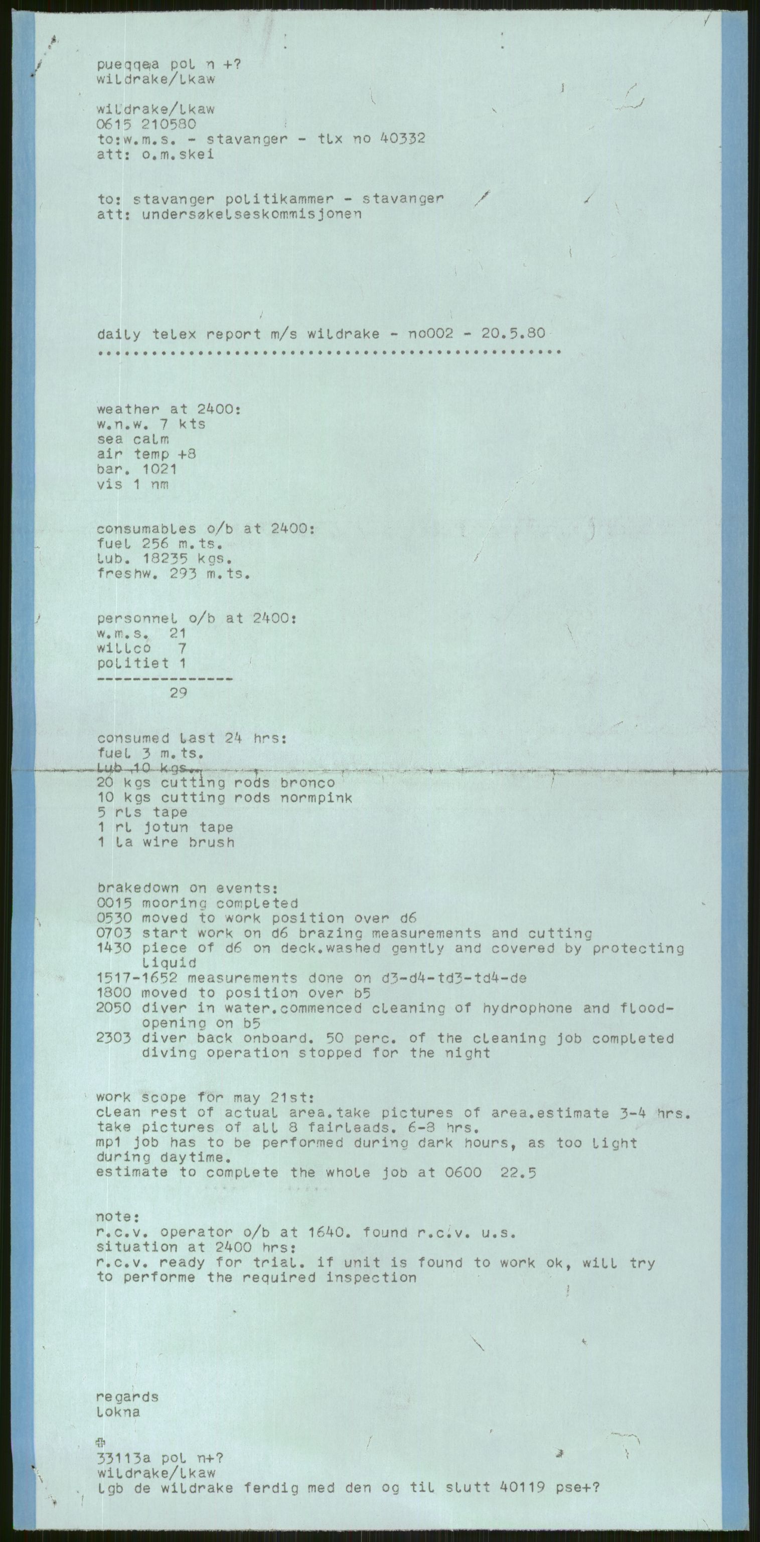 Justisdepartementet, Granskningskommisjonen ved Alexander Kielland-ulykken 27.3.1980, RA/S-1165/D/L0006: A Alexander L. Kielland (Doku.liste + A3-A6, A11-A13, A18-A20-A21, A23, A31 av 31)/Dykkerjournaler, 1980-1981, p. 542