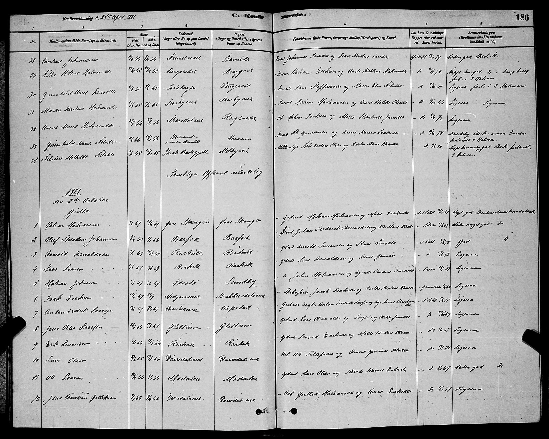 Bamble kirkebøker, AV/SAKO-A-253/G/Ga/L0008: Parish register (copy) no. I 8, 1878-1888, p. 186