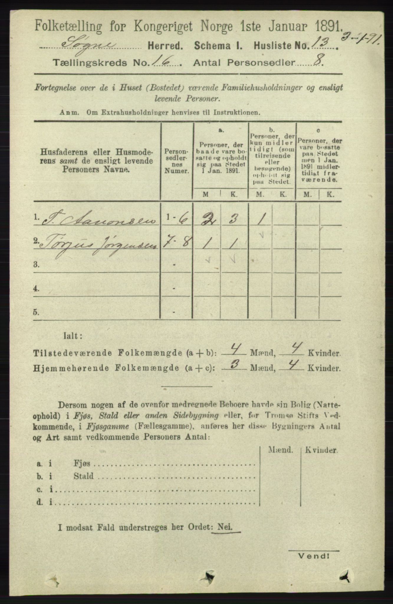 RA, 1891 census for 1018 Søgne, 1891, p. 4392