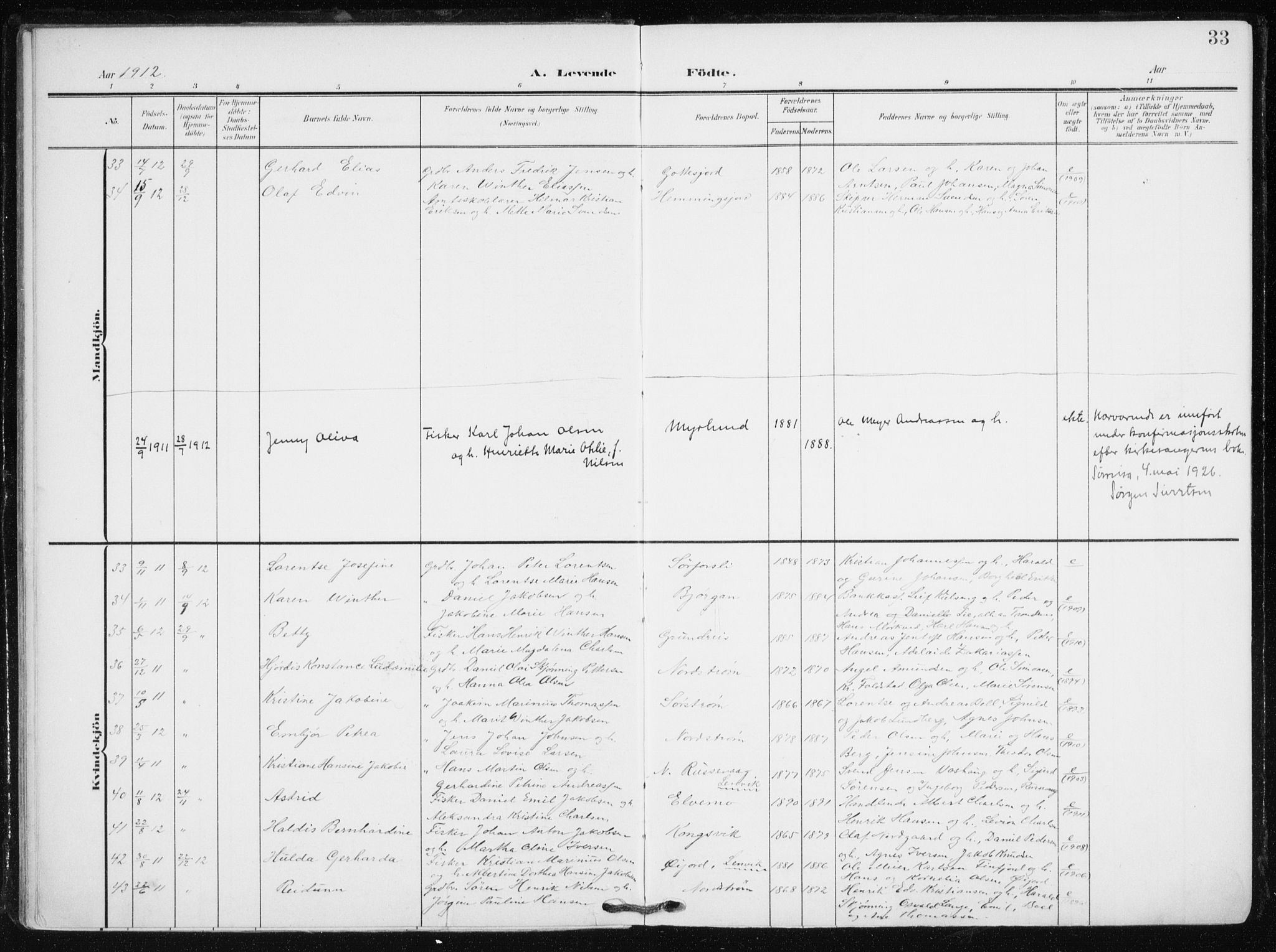 Tranøy sokneprestkontor, SATØ/S-1313/I/Ia/Iaa/L0012kirke: Parish register (official) no. 12, 1905-1918, p. 33