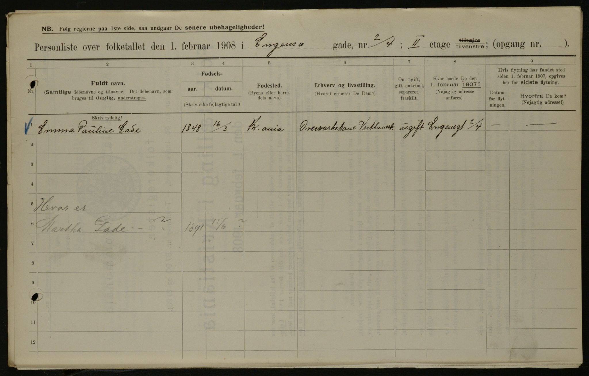 OBA, Municipal Census 1908 for Kristiania, 1908, p. 19786