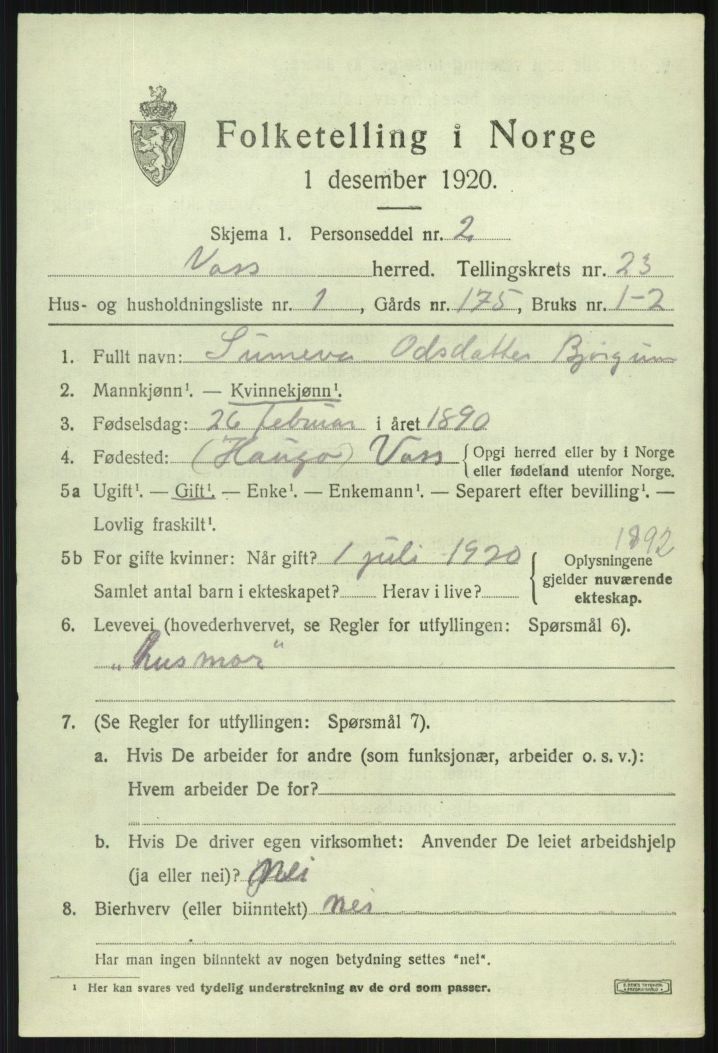 SAB, 1920 census for Voss, 1920, p. 15631