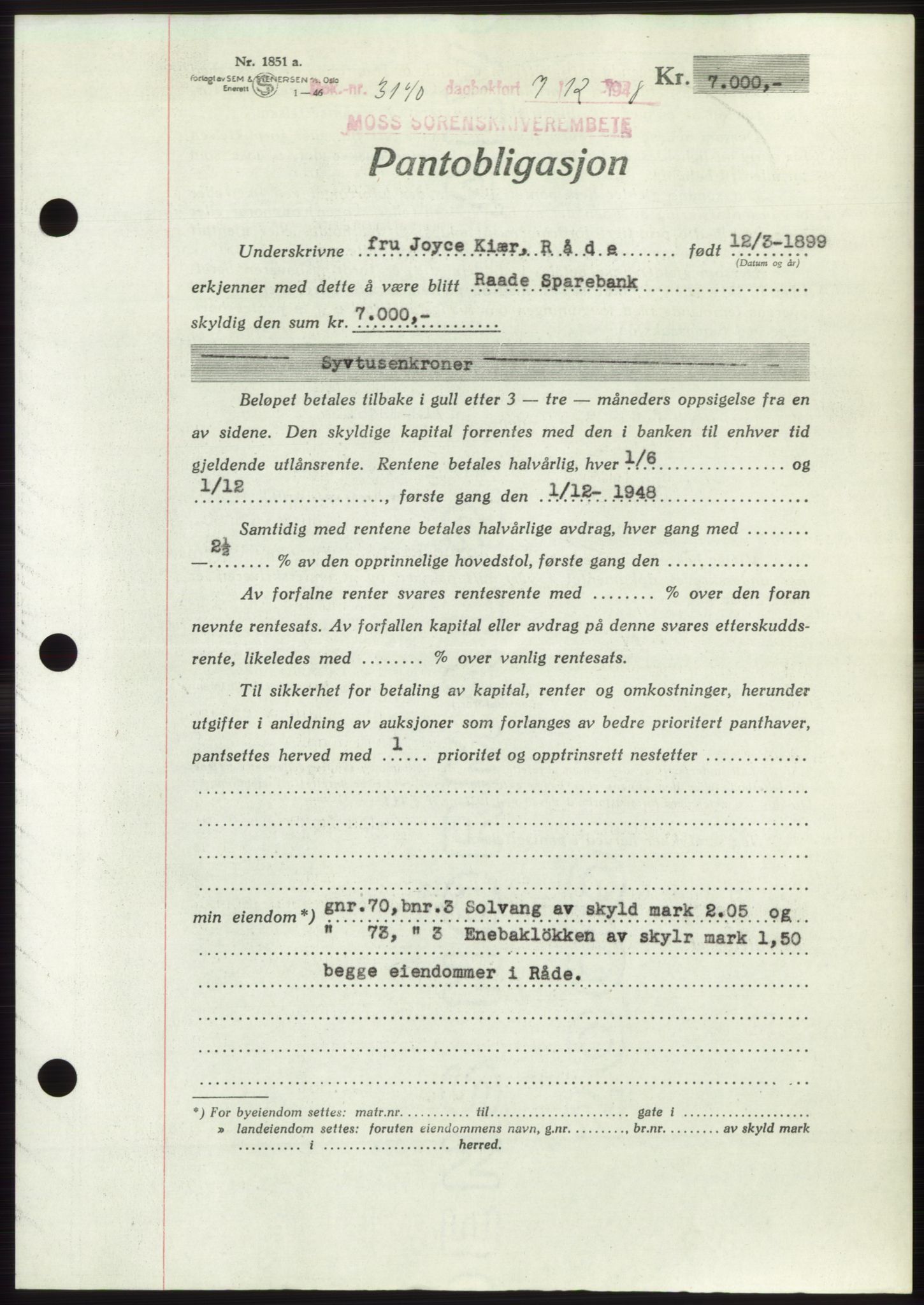 Moss sorenskriveri, AV/SAO-A-10168: Mortgage book no. B20, 1948-1948, Diary no: : 3140/1948