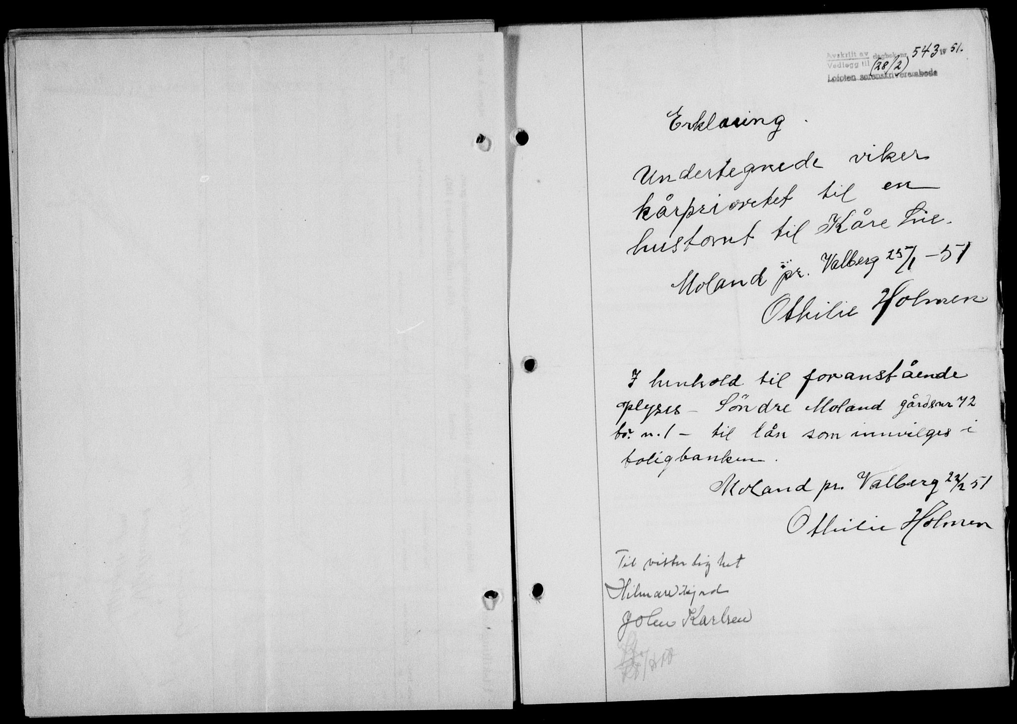 Lofoten sorenskriveri, SAT/A-0017/1/2/2C/L0025a: Mortgage book no. 25a, 1950-1951, Diary no: : 543/1951