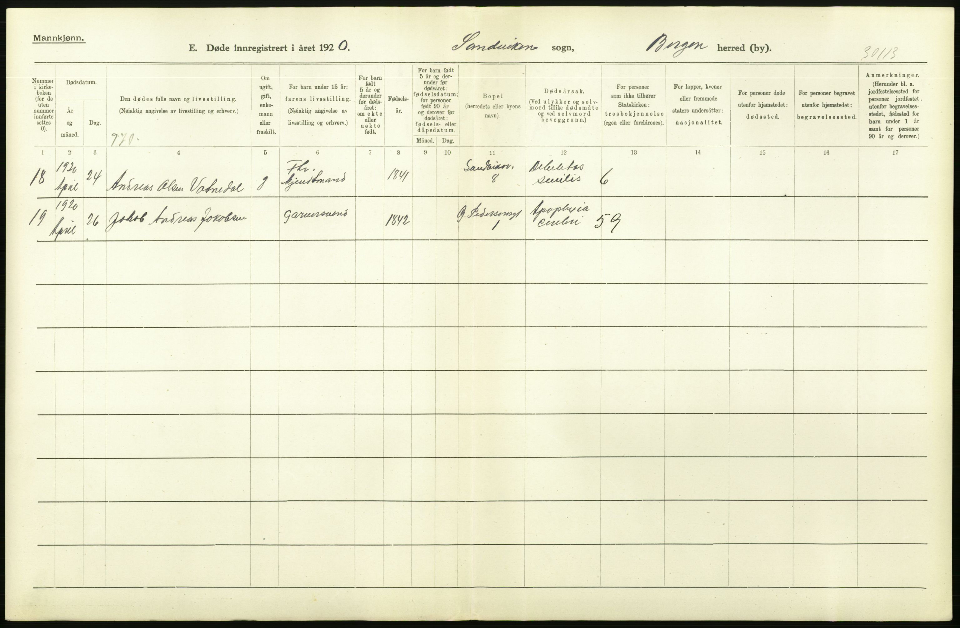 Statistisk sentralbyrå, Sosiodemografiske emner, Befolkning, AV/RA-S-2228/D/Df/Dfb/Dfbj/L0042: Bergen: Gifte, døde, dødfødte., 1920, p. 468