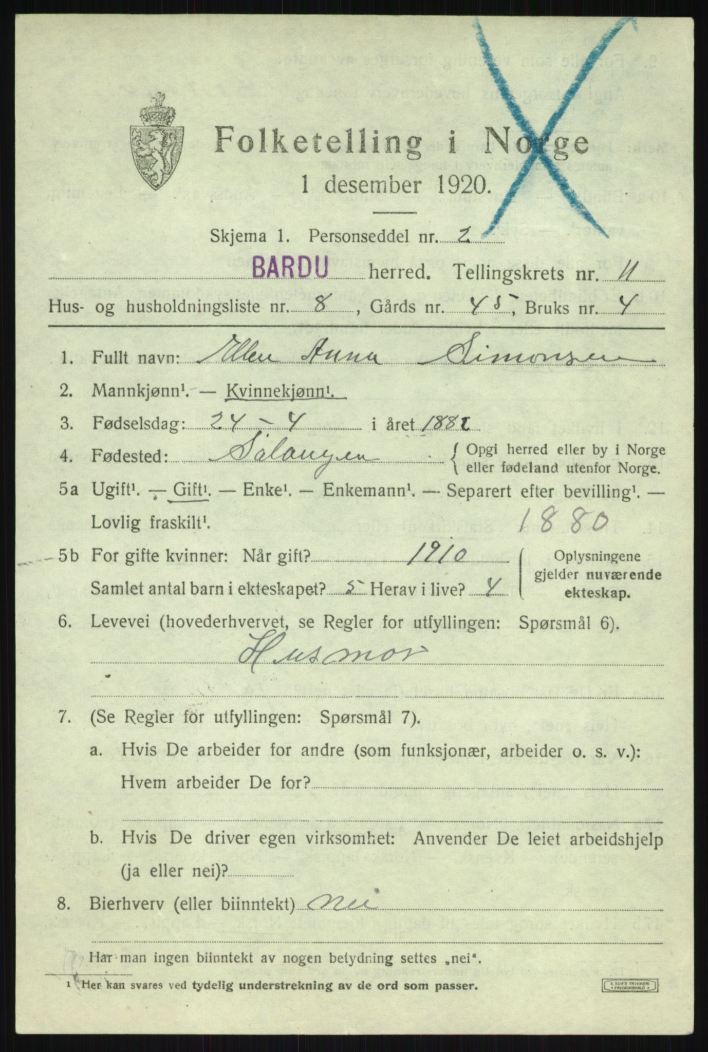 SATØ, 1920 census for Bardu, 1920, p. 3585