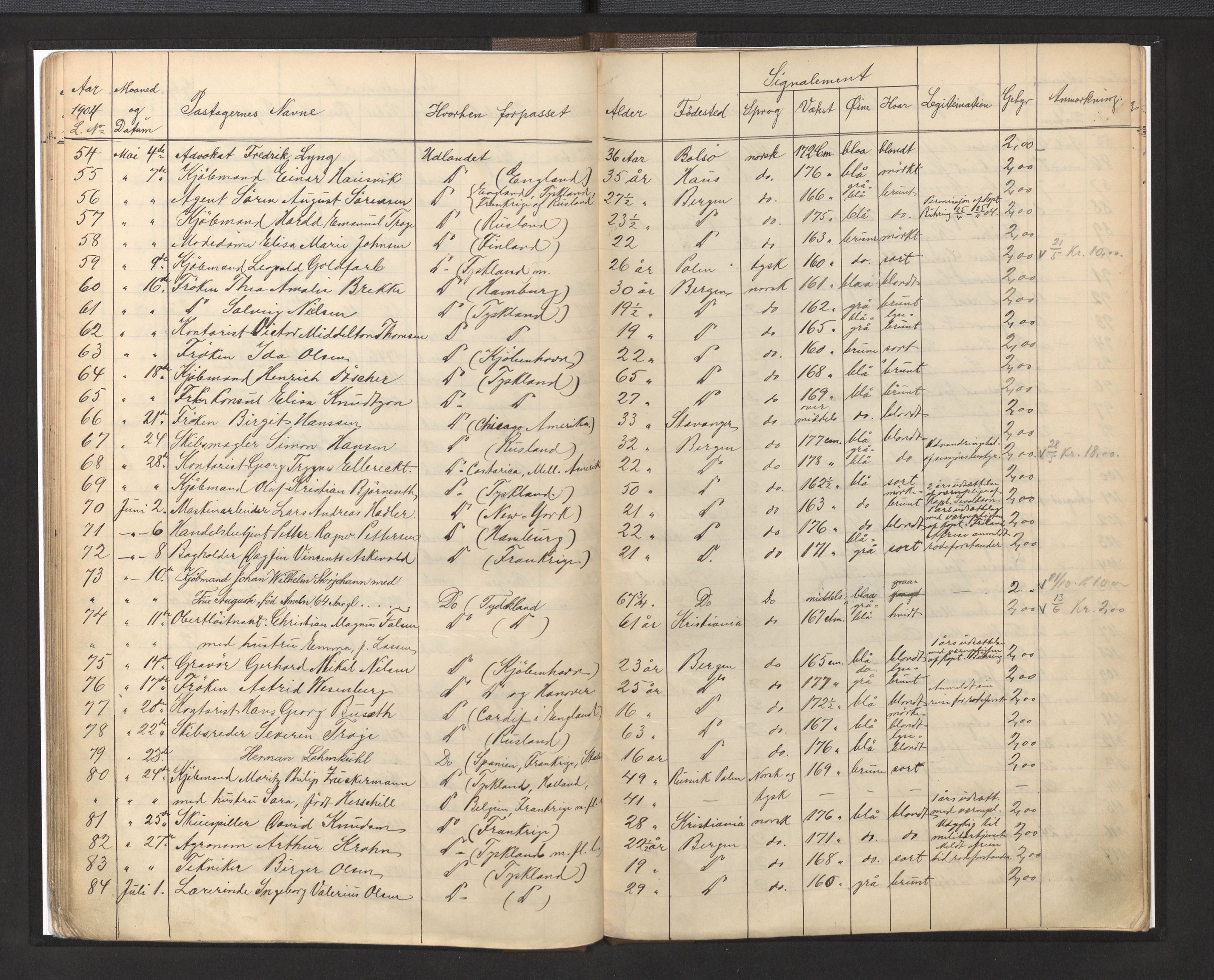 Bergen politikammer / politidistrikt, AV/SAB-A-60401/L/La/Lab/L0009: Passprotokoll, 1901-1907