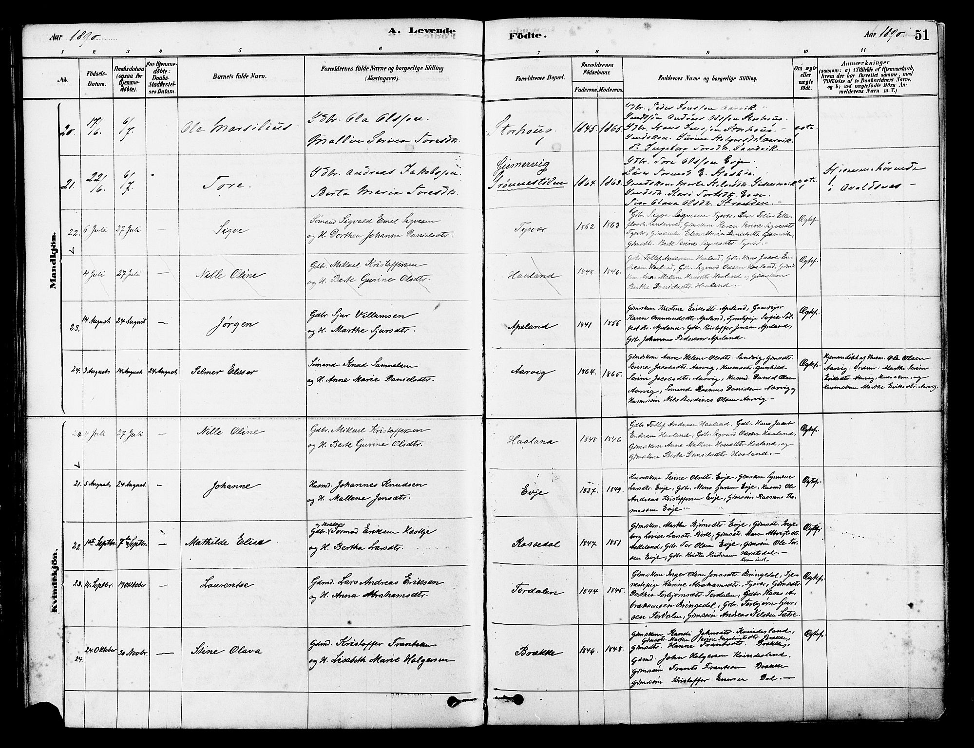 Tysvær sokneprestkontor, AV/SAST-A -101864/H/Ha/Haa/L0006: Parish register (official) no. A 6, 1878-1896, p. 51