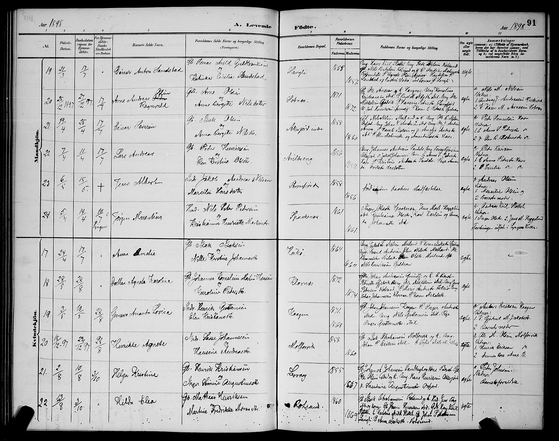 Skjervøy sokneprestkontor, AV/SATØ-S-1300/H/Ha/Hab/L0007klokker: Parish register (copy) no. 7, 1889-1899, p. 91