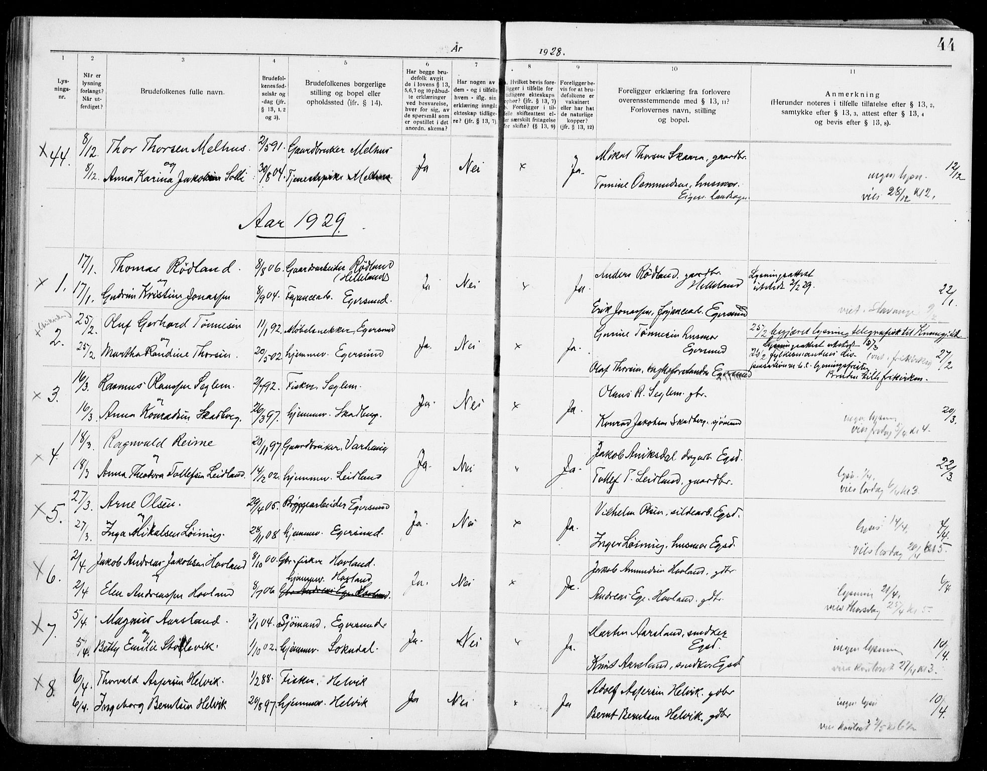 Eigersund sokneprestkontor, AV/SAST-A-101807/S27/L0003: Banns register no. 3, 1919-1939, p. 44