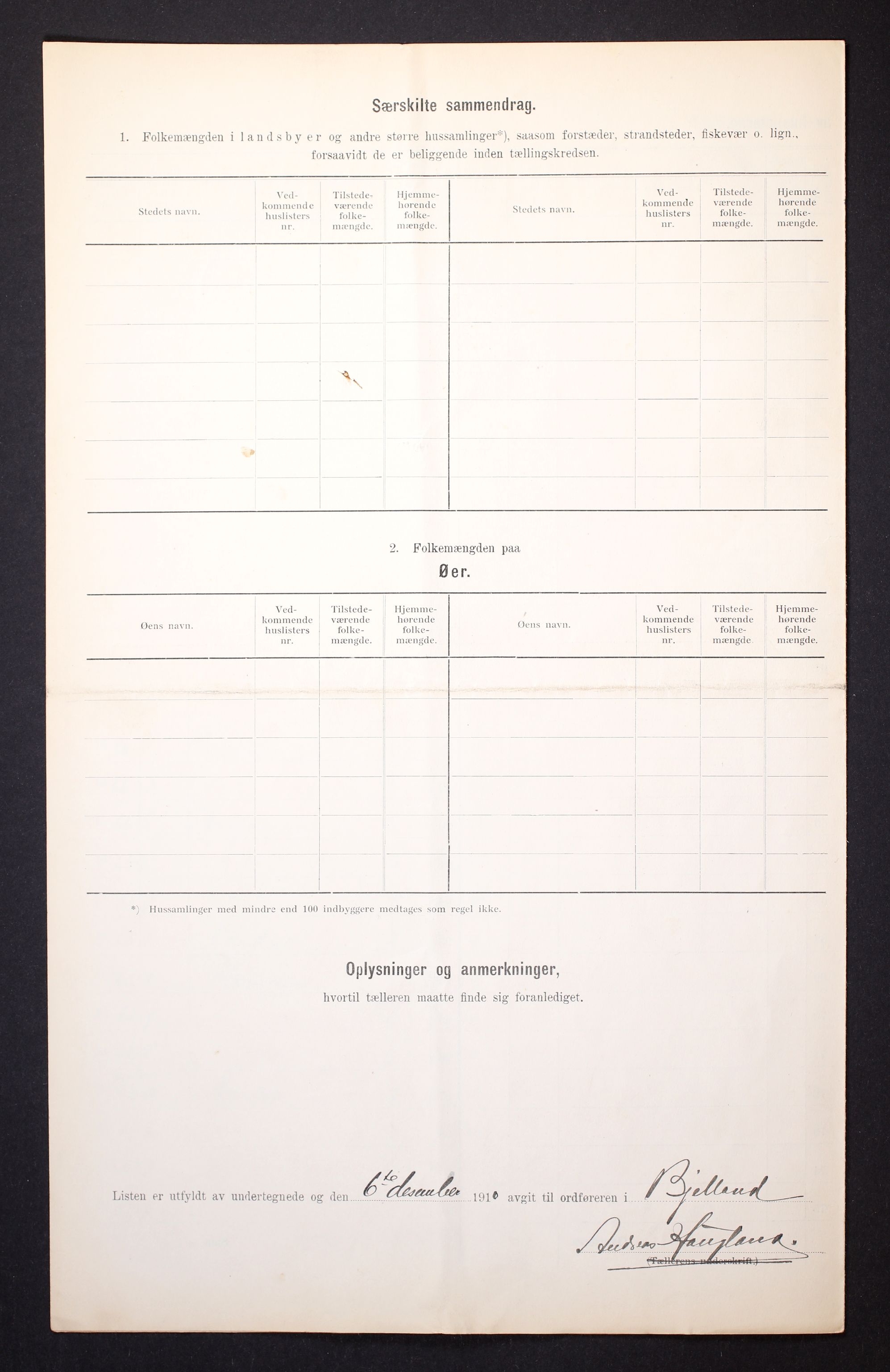 RA, 1910 census for Bjelland, 1910, p. 6