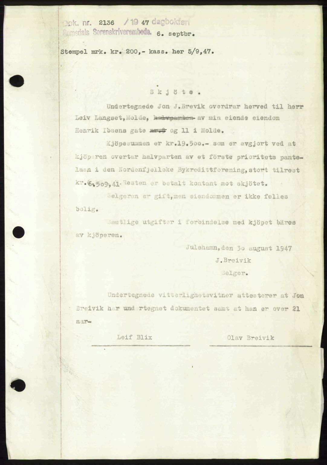 Romsdal sorenskriveri, SAT/A-4149/1/2/2C: Mortgage book no. A24, 1947-1947, Diary no: : 2136/1947