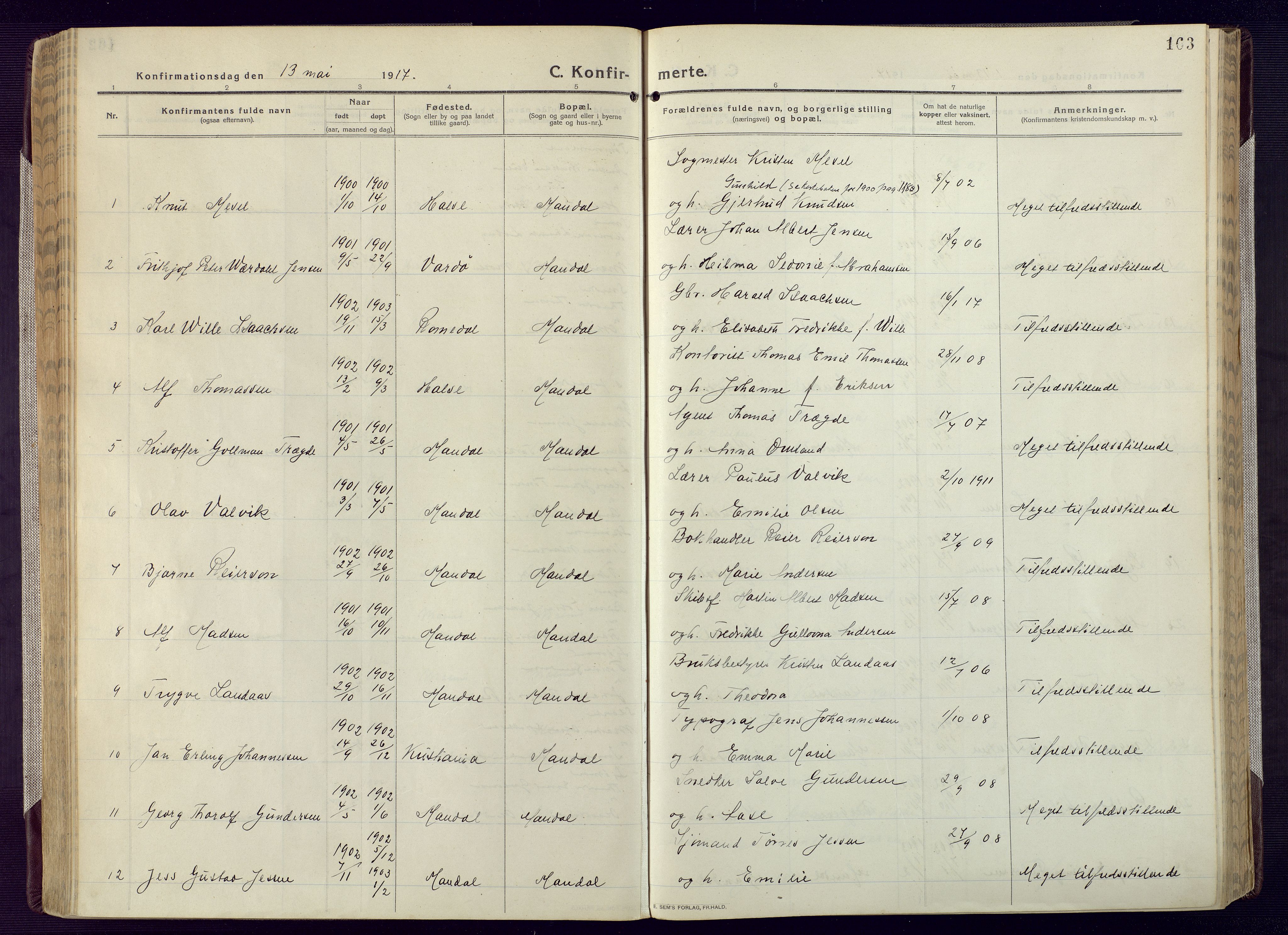 Mandal sokneprestkontor, AV/SAK-1111-0030/F/Fa/Fac/L0001: Parish register (official) no. A 1, 1913-1925, p. 163