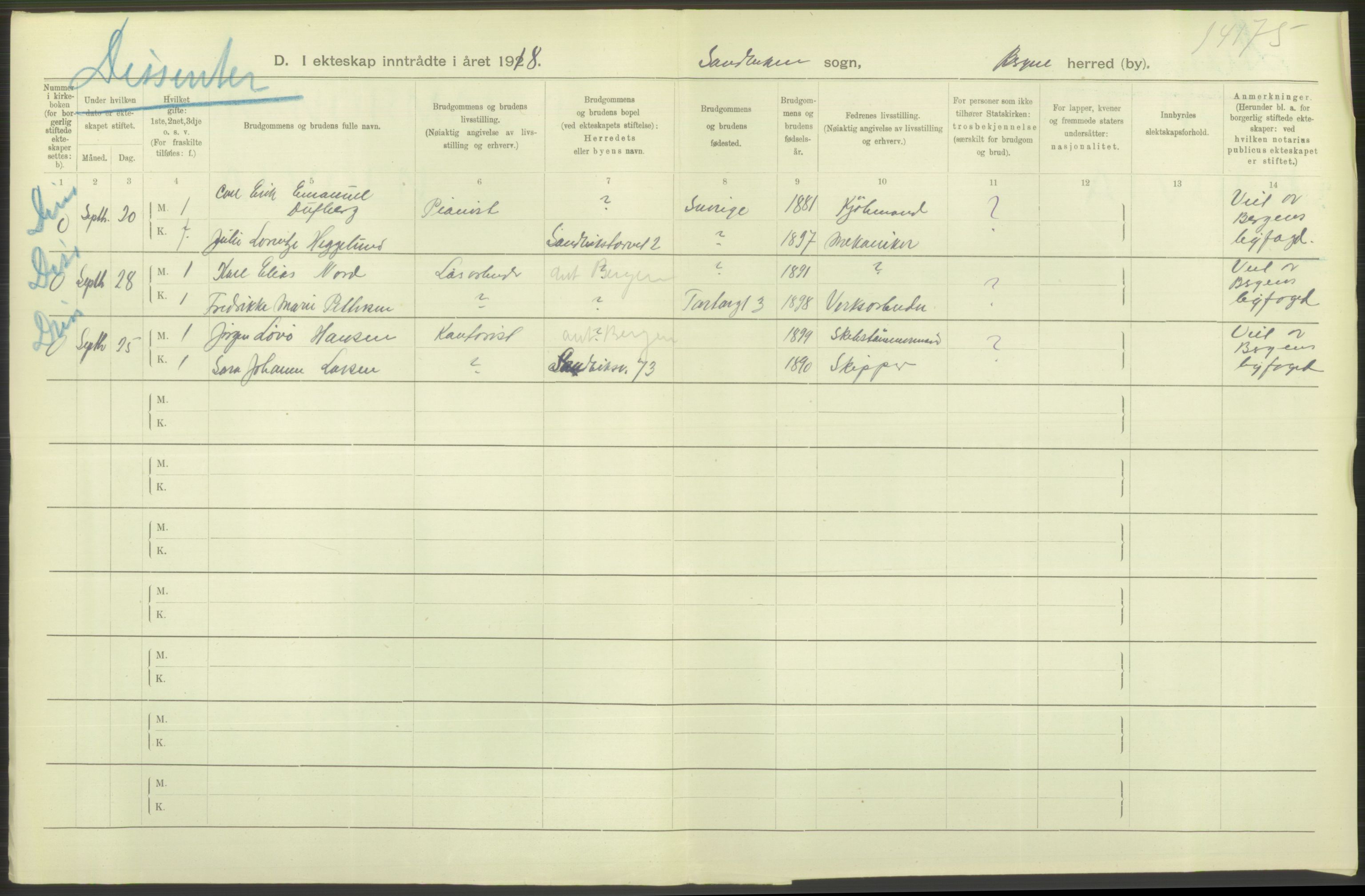 Statistisk sentralbyrå, Sosiodemografiske emner, Befolkning, RA/S-2228/D/Df/Dfb/Dfbh/L0038: Bergen: Gifte, dødfødte., 1918, p. 104