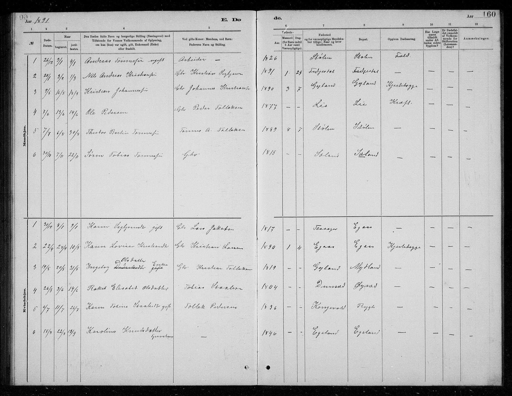 Bakke sokneprestkontor, SAK/1111-0002/F/Fb/Fbb/L0003: Parish register (copy) no. B 3, 1878-1896, p. 160