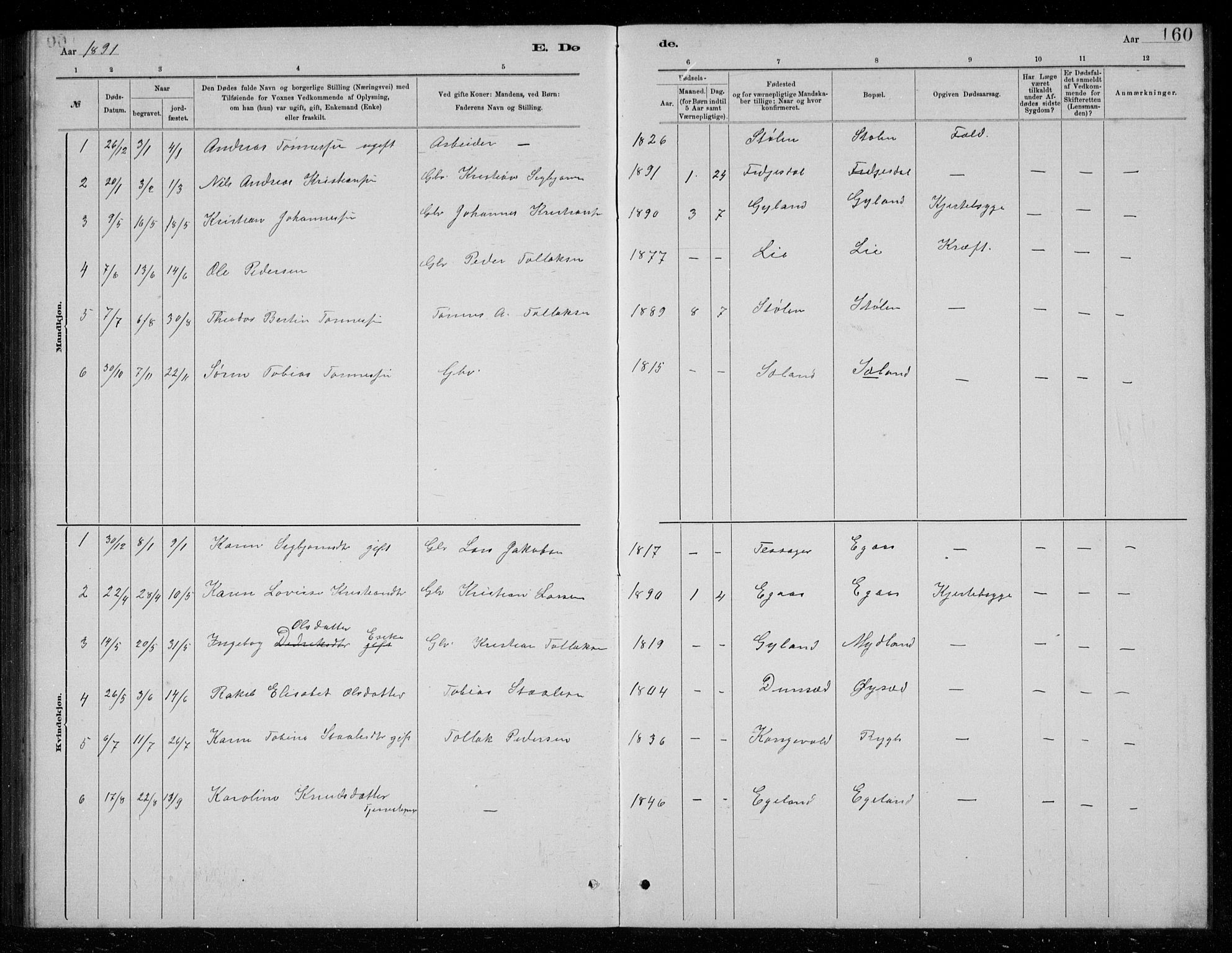 Bakke sokneprestkontor, AV/SAK-1111-0002/F/Fb/Fbb/L0003: Parish register (copy) no. B 3, 1878-1896, p. 160