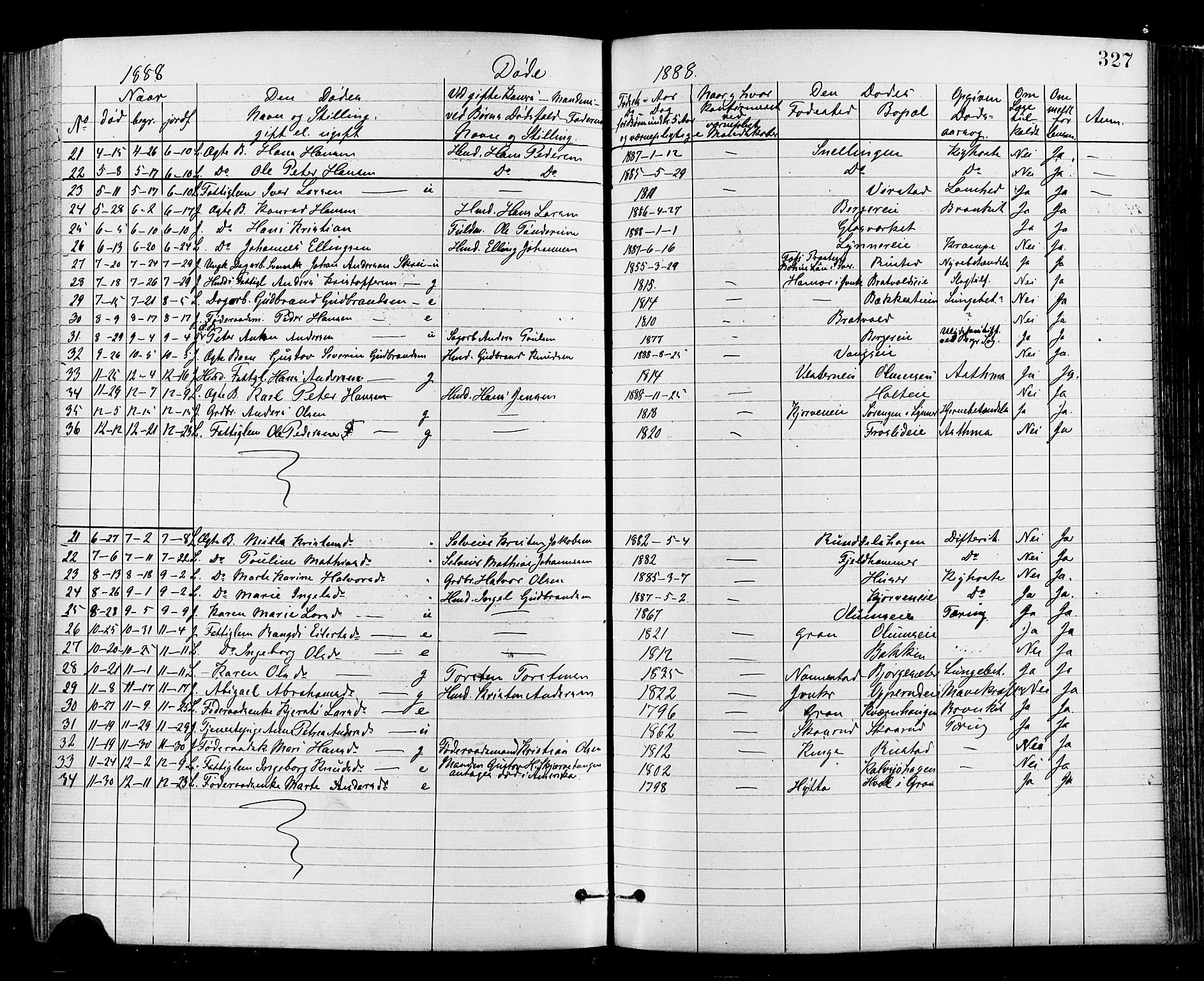 Jevnaker prestekontor, SAH/PREST-116/H/Ha/Haa/L0008: Parish register (official) no. 8, 1877-1890, p. 327