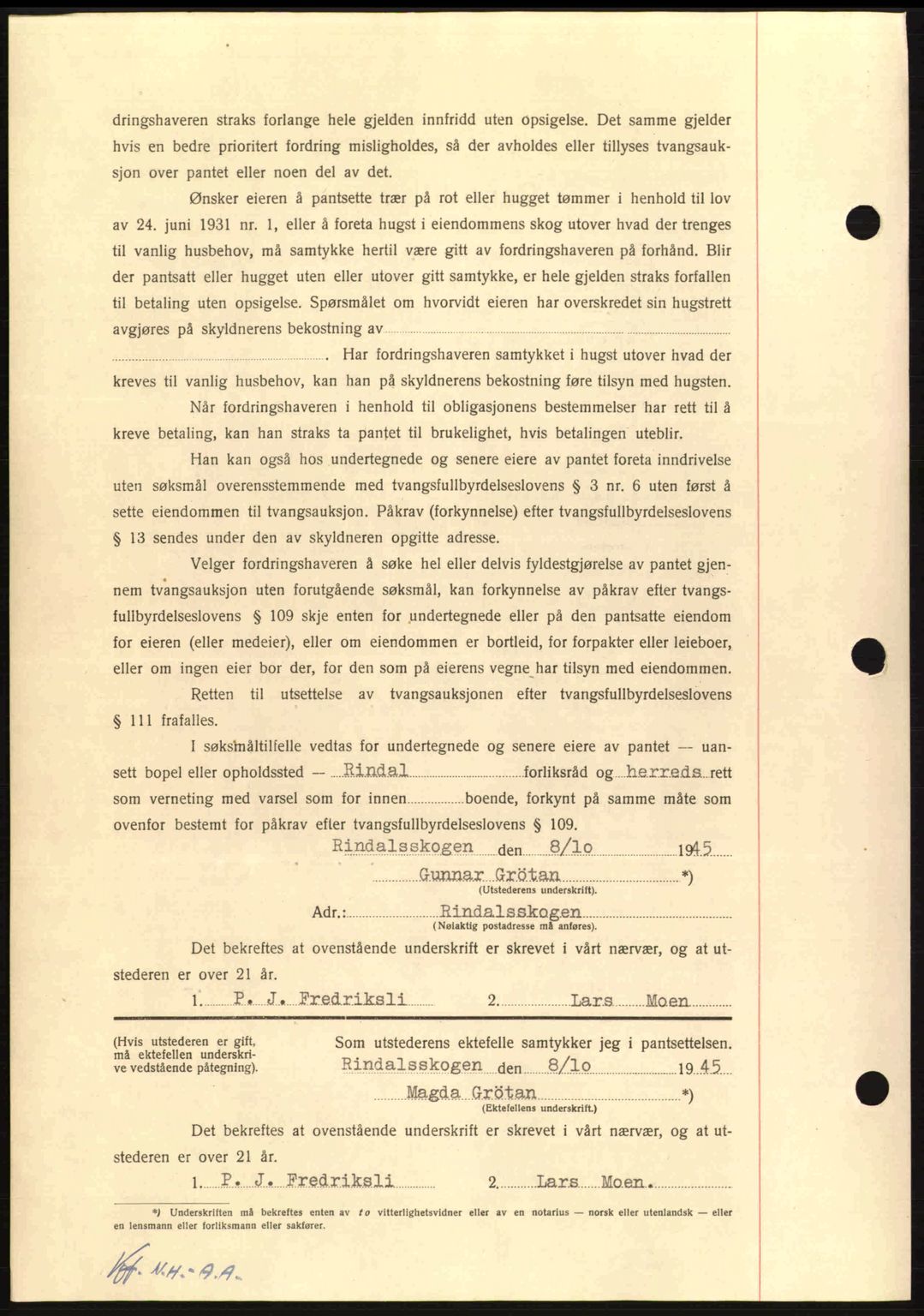 Nordmøre sorenskriveri, AV/SAT-A-4132/1/2/2Ca: Mortgage book no. B93a, 1945-1945, Diary no: : 1316/1945