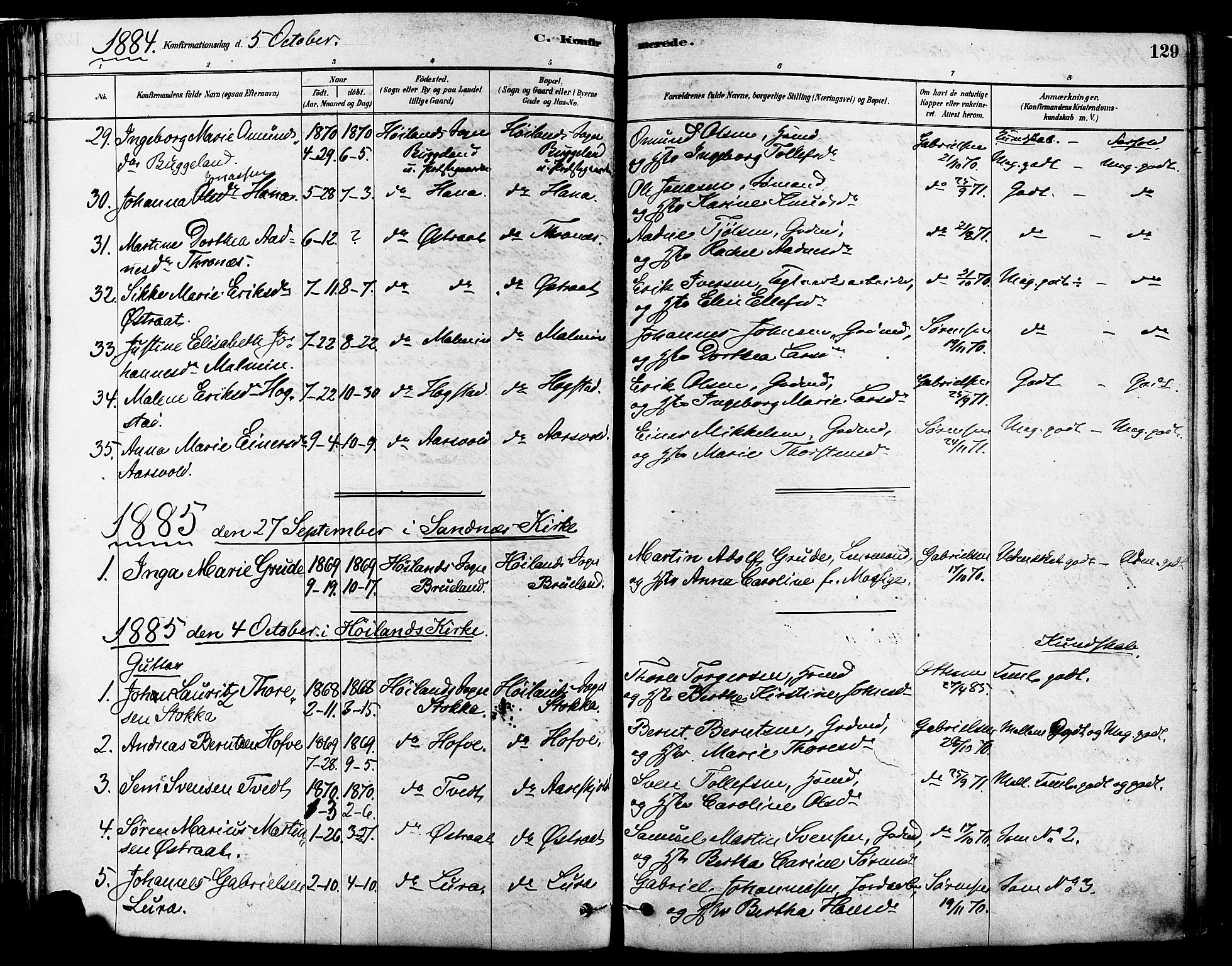 Høyland sokneprestkontor, AV/SAST-A-101799/001/30BA/L0011: Parish register (official) no. A 10, 1878-1888, p. 129