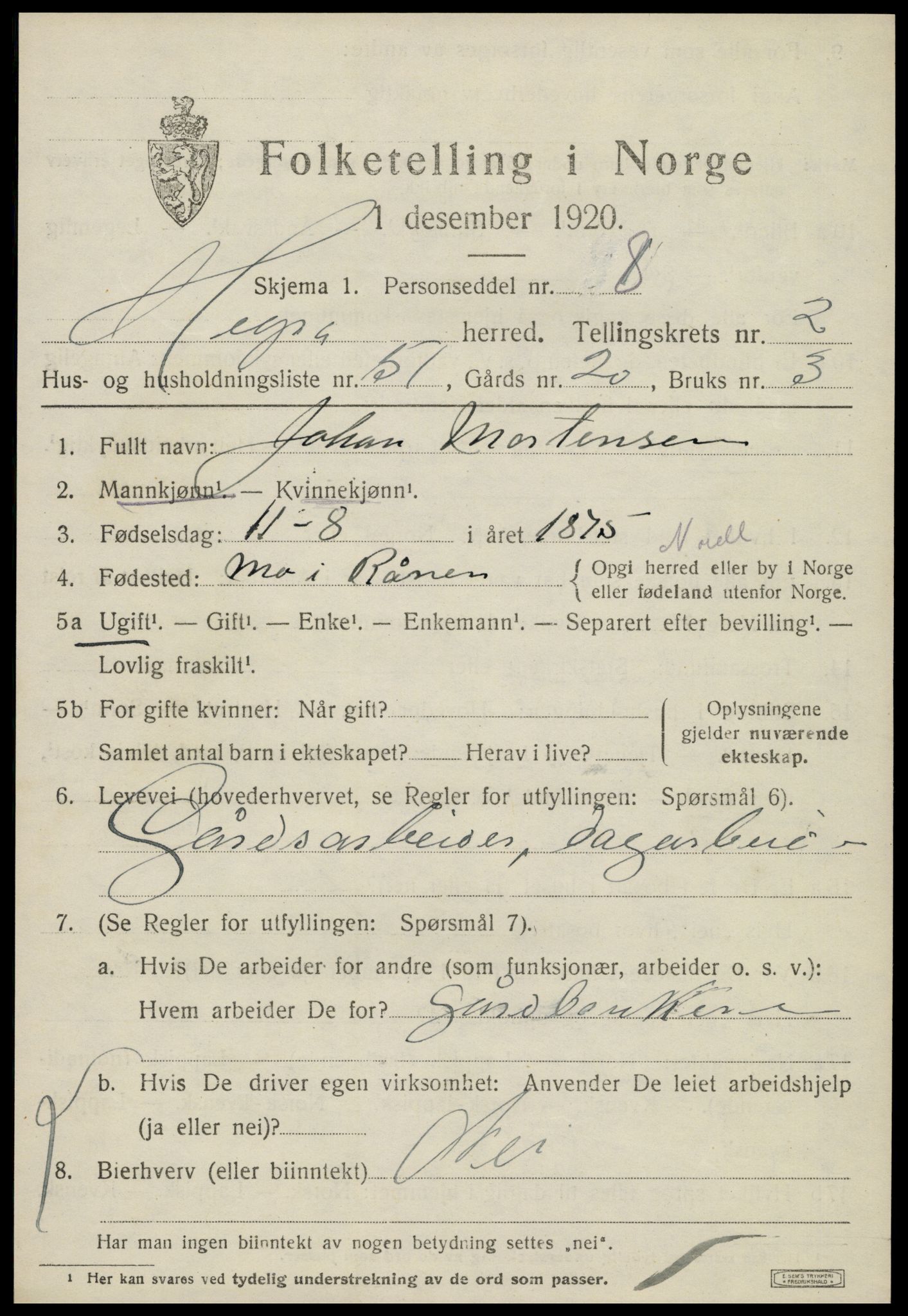 SAT, 1920 census for Hegra, 1920, p. 2170