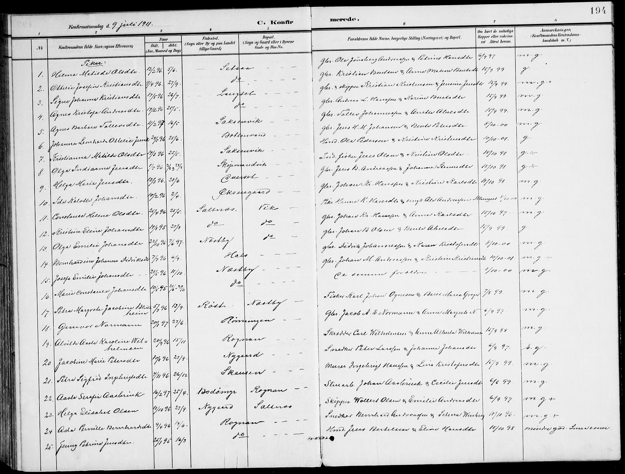 Ministerialprotokoller, klokkerbøker og fødselsregistre - Nordland, AV/SAT-A-1459/847/L0672: Parish register (official) no. 847A12, 1902-1919, p. 194