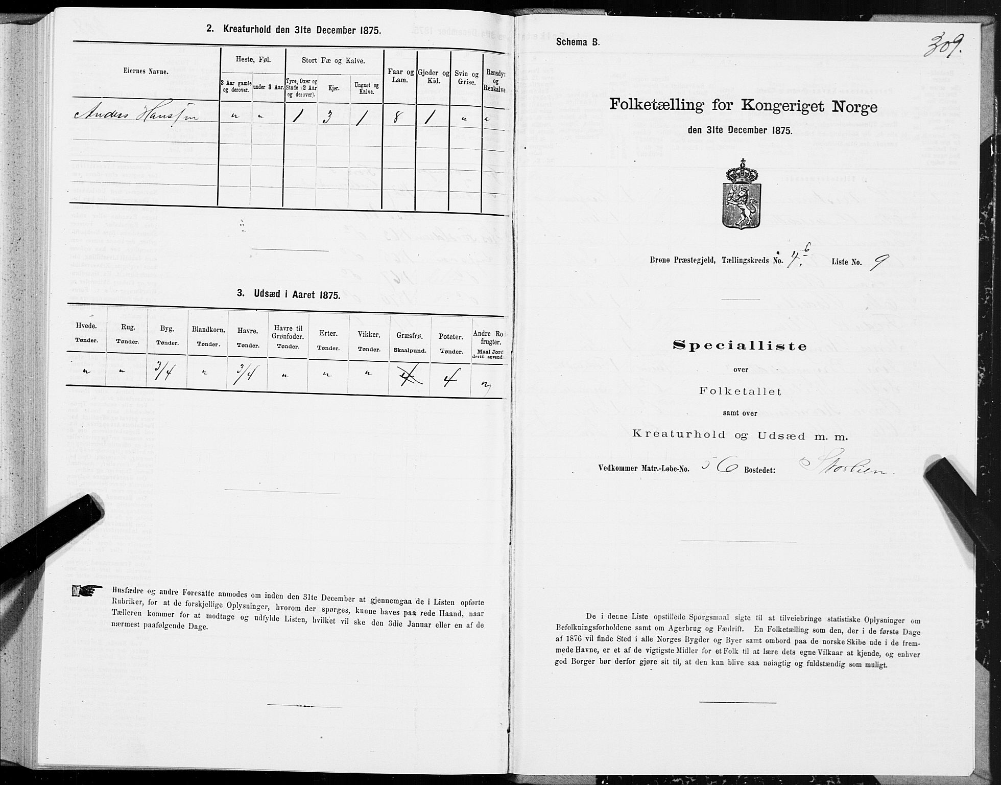 SAT, 1875 census for 1814P Brønnøy, 1875, p. 2309