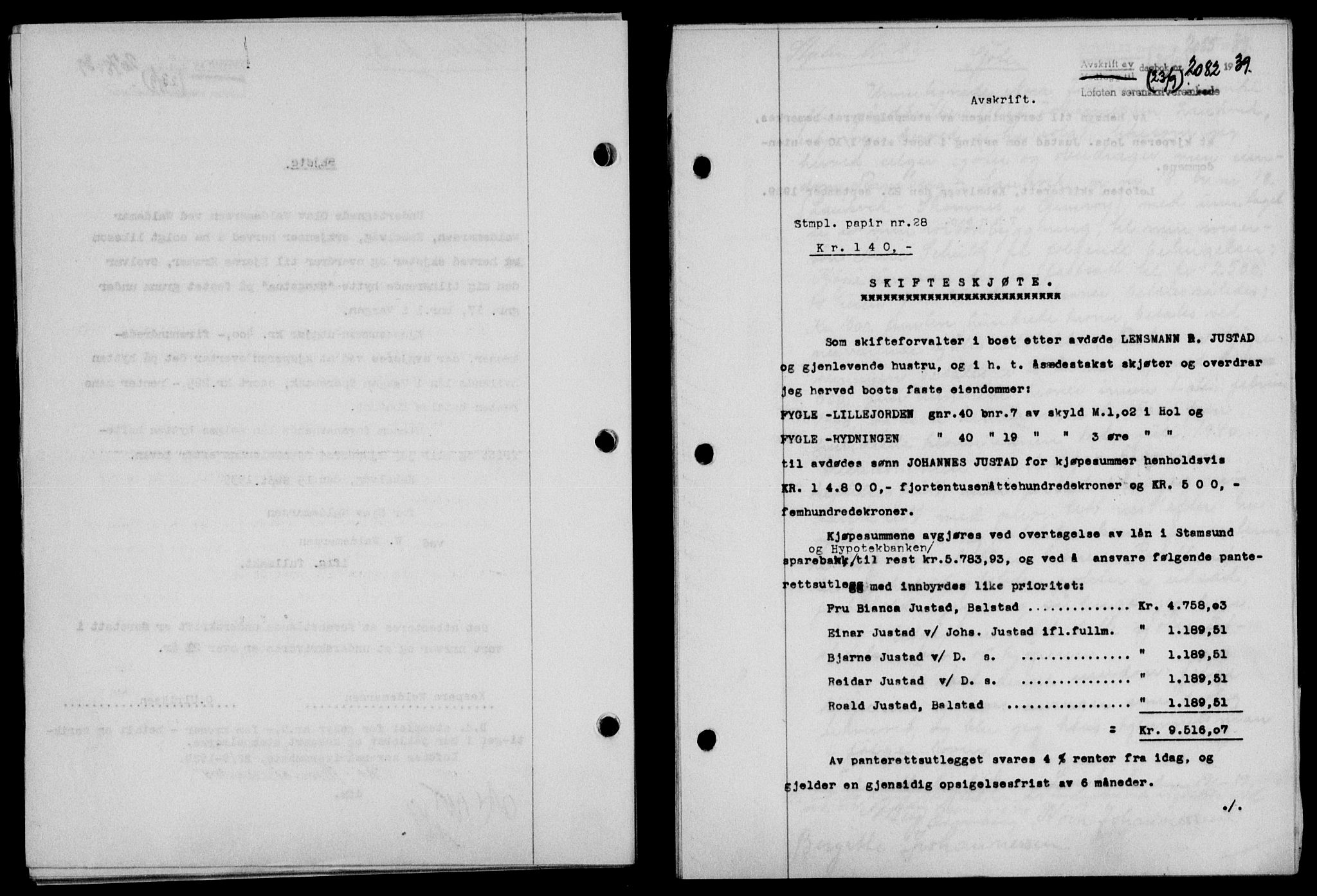 Lofoten sorenskriveri, SAT/A-0017/1/2/2C/L0006a: Mortgage book no. 6a, 1939-1939, Diary no: : 2082/1939