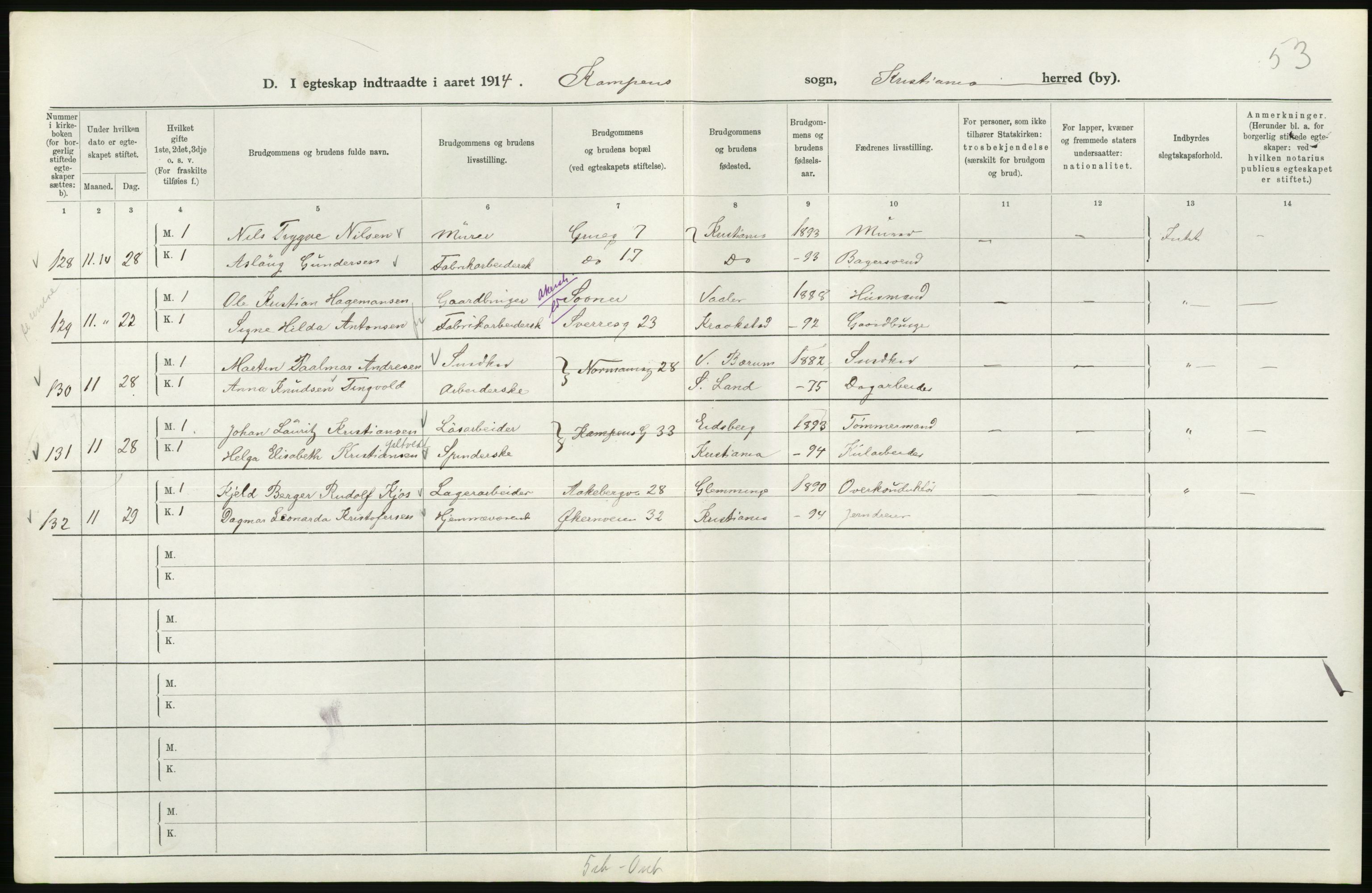 Statistisk sentralbyrå, Sosiodemografiske emner, Befolkning, AV/RA-S-2228/D/Df/Dfb/Dfbd/L0007: Kristiania: Gifte, 1914, p. 270