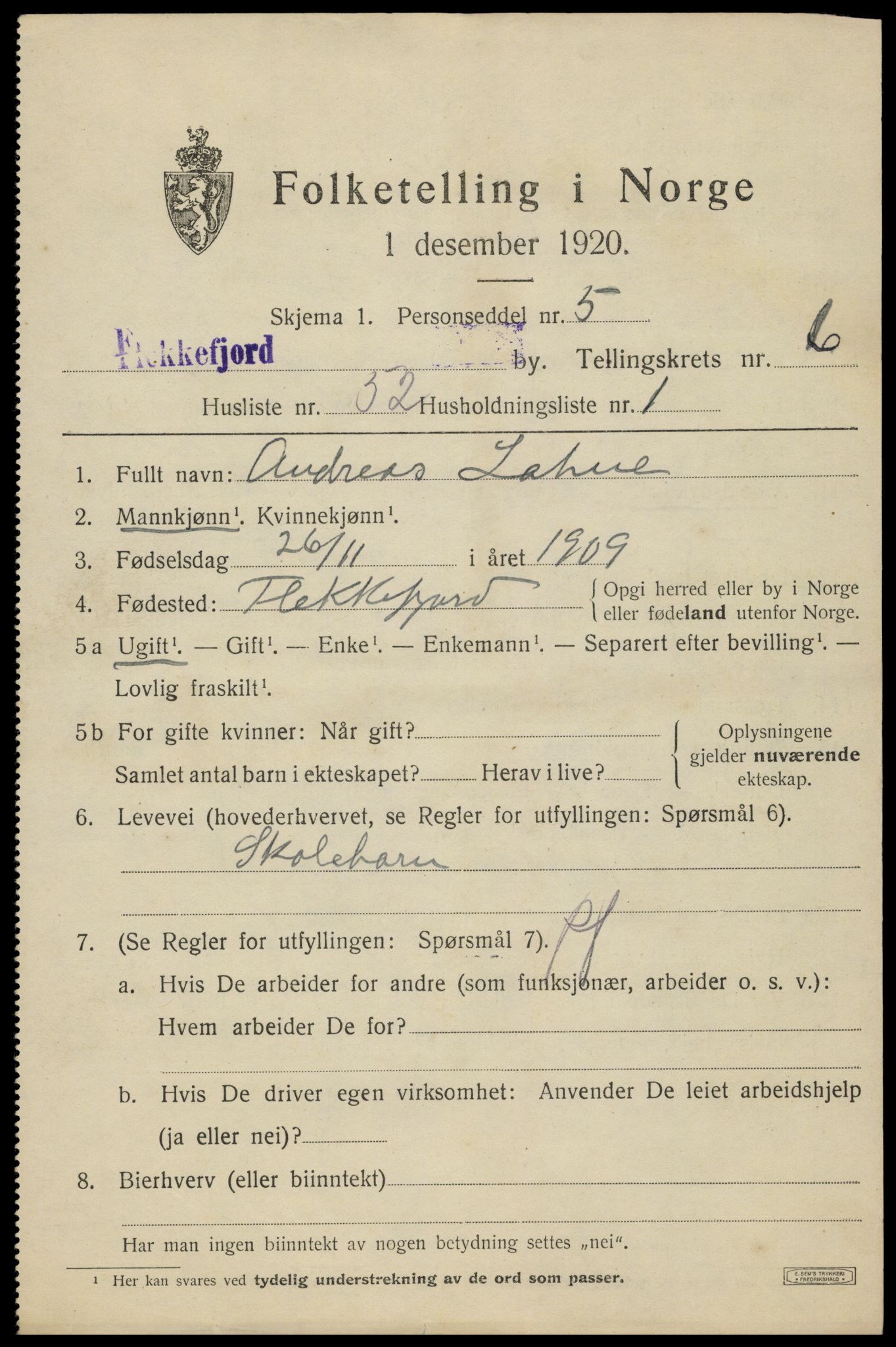 SAK, 1920 census for Flekkefjord, 1920, p. 6400