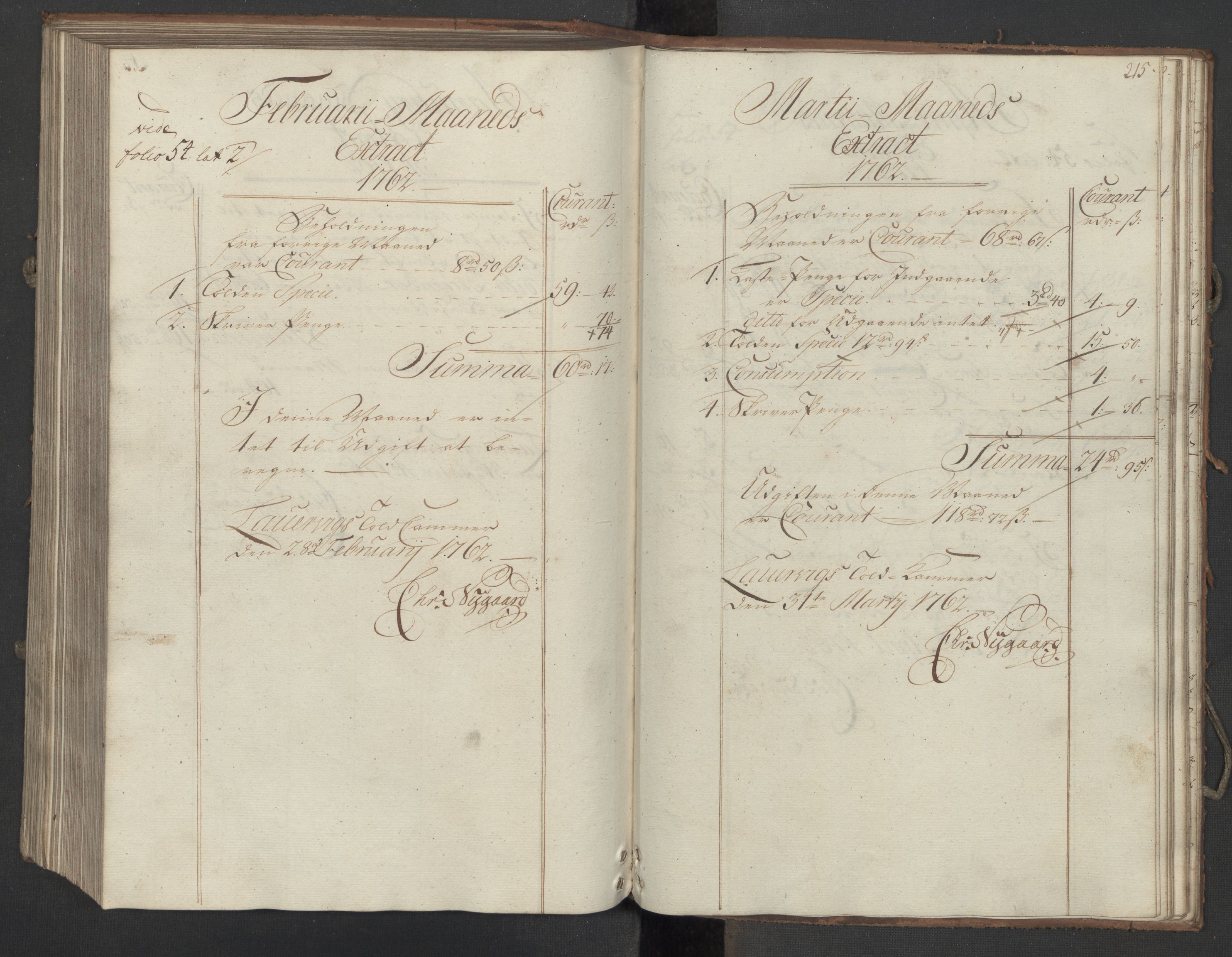 Generaltollkammeret, tollregnskaper, AV/RA-EA-5490/R11/L0038/0001: Tollregnskaper Larvik og Sandefjord / Inngående hovedtollbok, 1762, p. 214b-215a