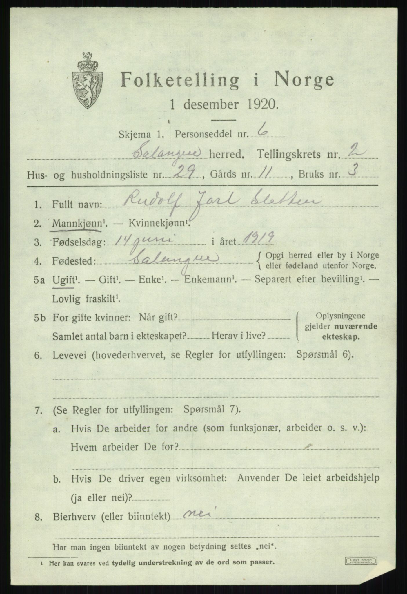 SATØ, 1920 census for Salangen, 1920, p. 1570