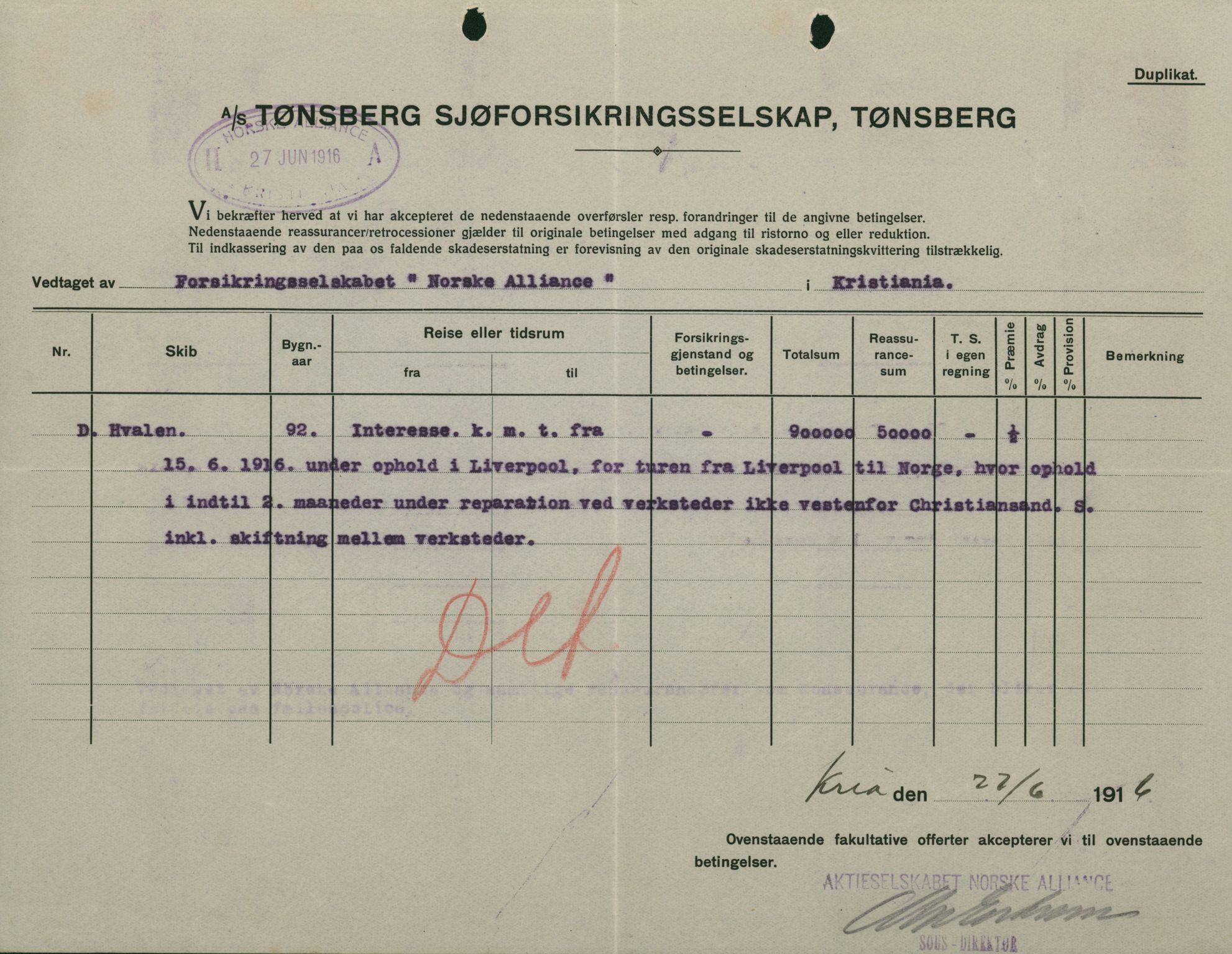 Pa 664 - Tønsberg Sjøforsikringsselskap, VEMU/A-1773/F/L0001: Forsikringspoliser, 1915-1918