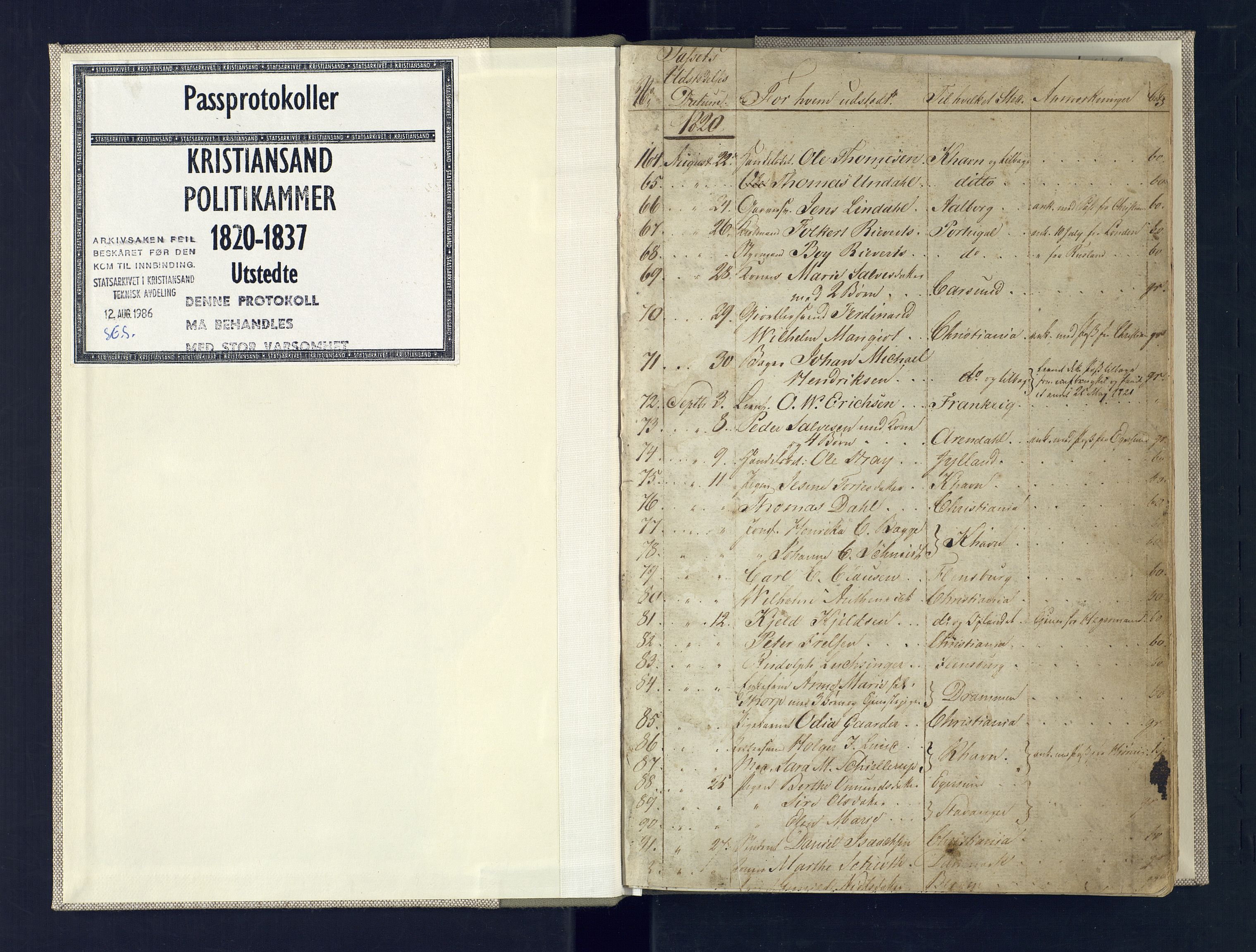 Kristiansand politikammer, SAK/1243-0004/K/Ka/L0224F: Reisepassprotokoll utstedte reisepass, 1820-1837, p. 2
