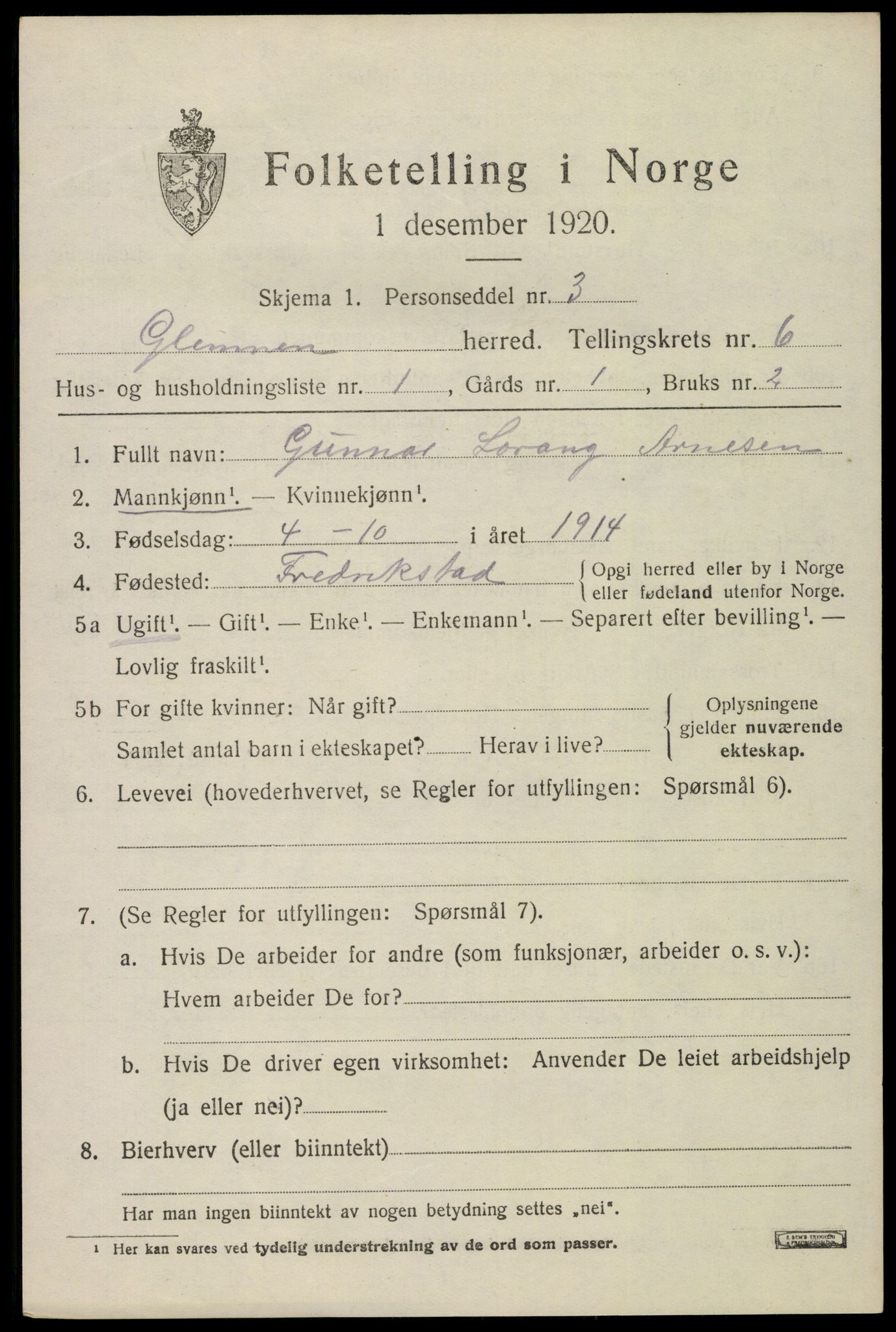 SAO, 1920 census for Glemmen, 1920, p. 18551