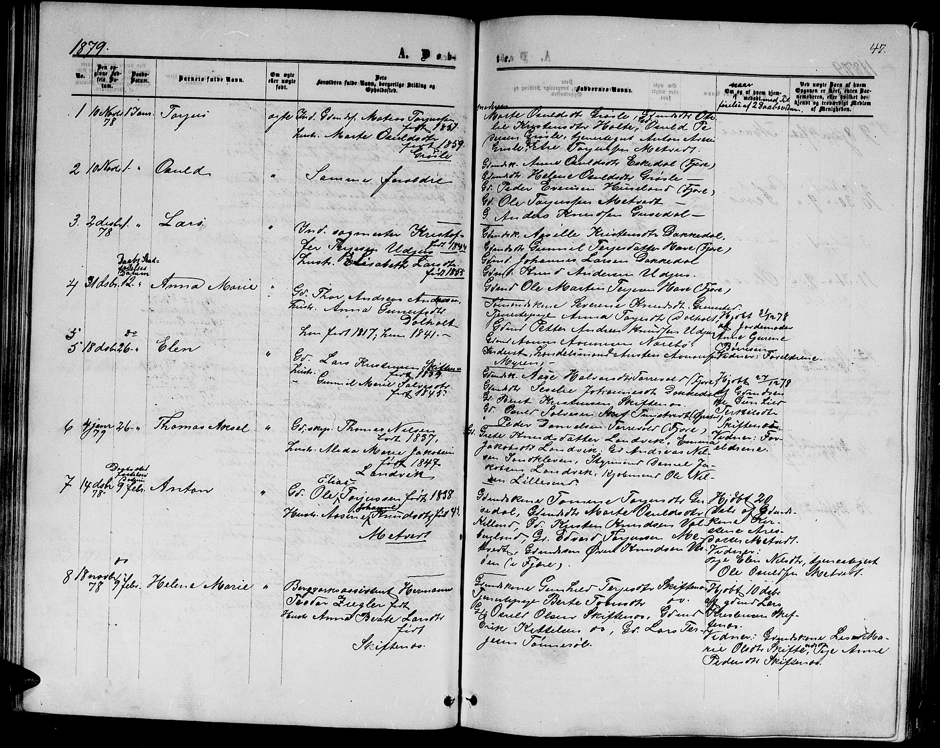Hommedal sokneprestkontor, SAK/1111-0023/F/Fb/Fbb/L0006: Parish register (copy) no. B 6, 1869-1884, p. 47