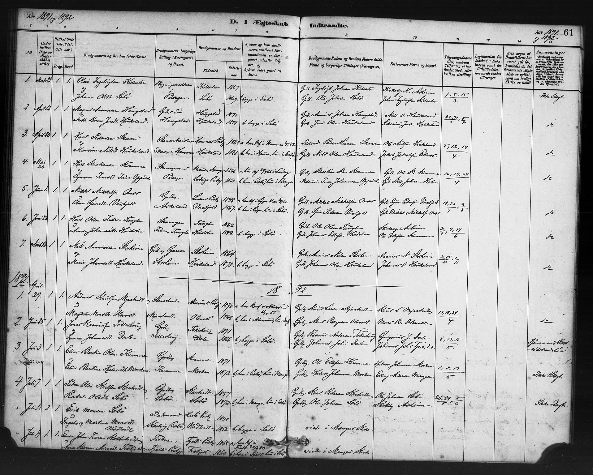 Manger sokneprestembete, SAB/A-76801/H/Haa: Parish register (official) no. D 1, 1881-1892, p. 61