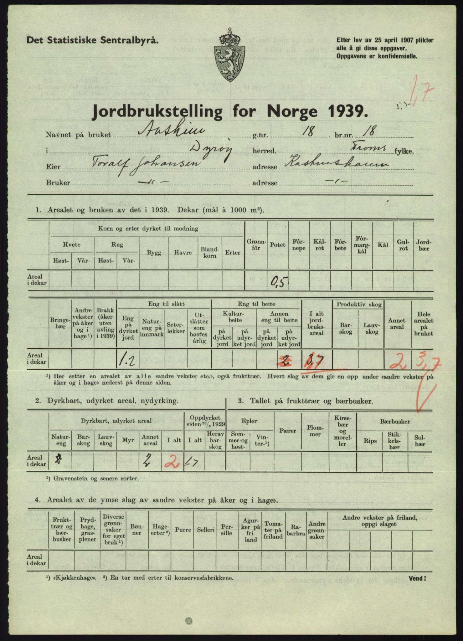 Statistisk sentralbyrå, Næringsøkonomiske emner, Jordbruk, skogbruk, jakt, fiske og fangst, AV/RA-S-2234/G/Gb/L0340: Troms: Salangen og Dyrøy, 1939, p. 842