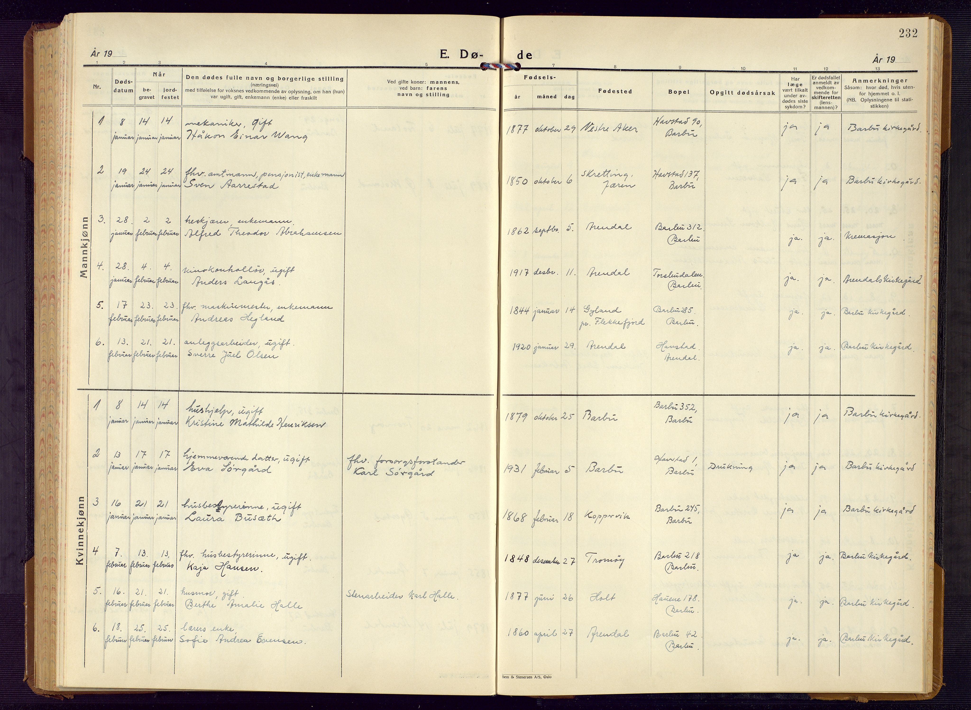 Barbu sokneprestkontor, SAK/1111-0003/F/Fb/L0006: Parish register (copy) no. B 6, 1937-1947, p. 232